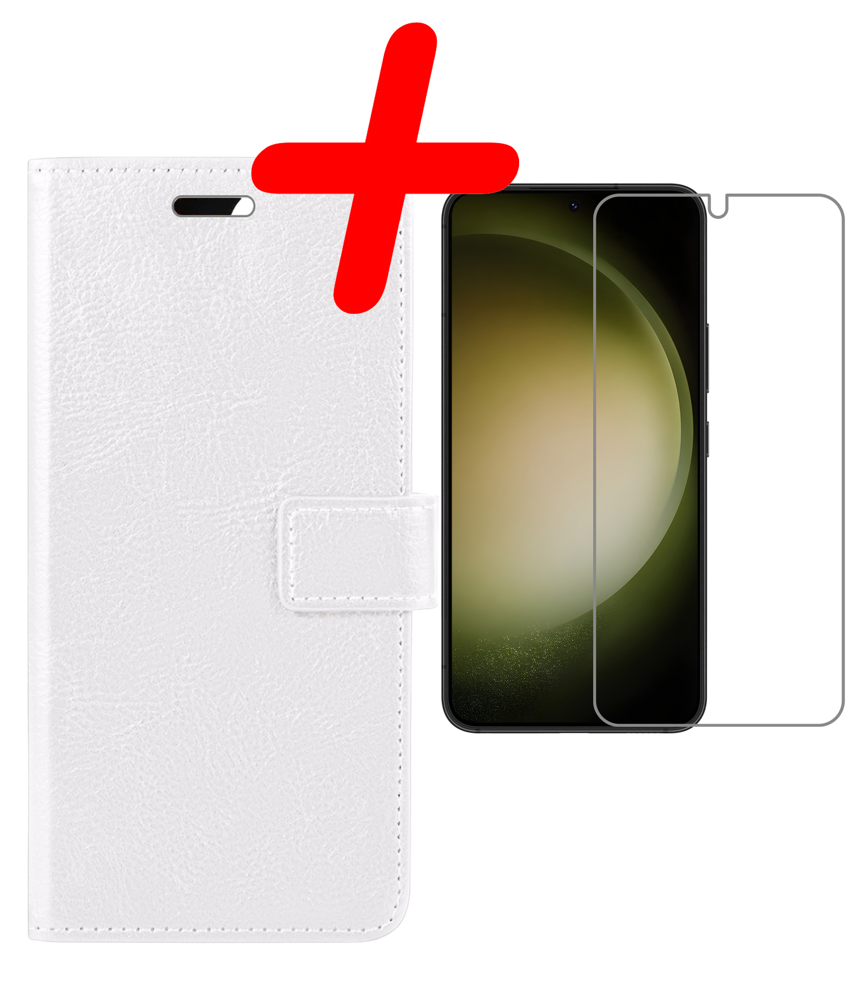 BASEY. Hoes Geschikt voor Samsung S23 Hoesje Bookcase Hoes Flip Case Book Cover Met Screenprotector - Hoesje Geschikt voor Samsung Galaxy S23 Hoes Book Case Hoesje - Wit