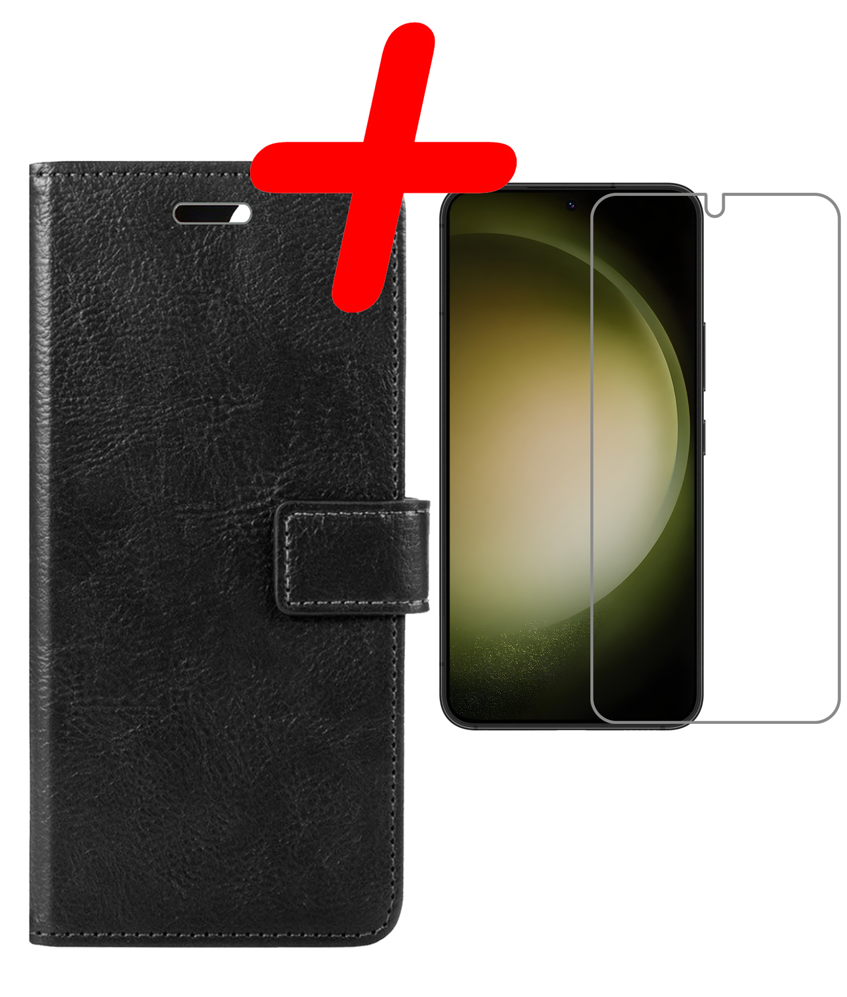 BASEY. Hoes Geschikt voor Samsung S23 Hoesje Bookcase Hoes Flip Case Book Cover Met Screenprotector - Hoesje Geschikt voor Samsung Galaxy S23 Hoes Book Case Hoesje - Zwart