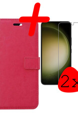 BASEY. Hoes Geschikt voor Samsung S23 Hoesje Bookcase Hoes Flip Case Book Cover Met 2x Screenprotector - Hoesje Geschikt voor Samsung Galaxy S23 Hoes Book Case Hoesje - Donkerroze