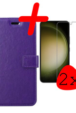 BASEY. Hoes Geschikt voor Samsung S23 Hoesje Bookcase Hoes Flip Case Book Cover Met 2x Screenprotector - Hoesje Geschikt voor Samsung Galaxy S23 Hoes Book Case Hoesje - Paars