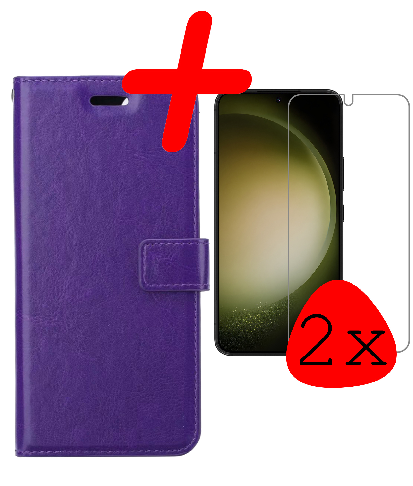 BASEY. Hoes Geschikt voor Samsung S23 Hoesje Bookcase Hoes Flip Case Book Cover Met 2x Screenprotector - Hoesje Geschikt voor Samsung Galaxy S23 Hoes Book Case Hoesje - Paars
