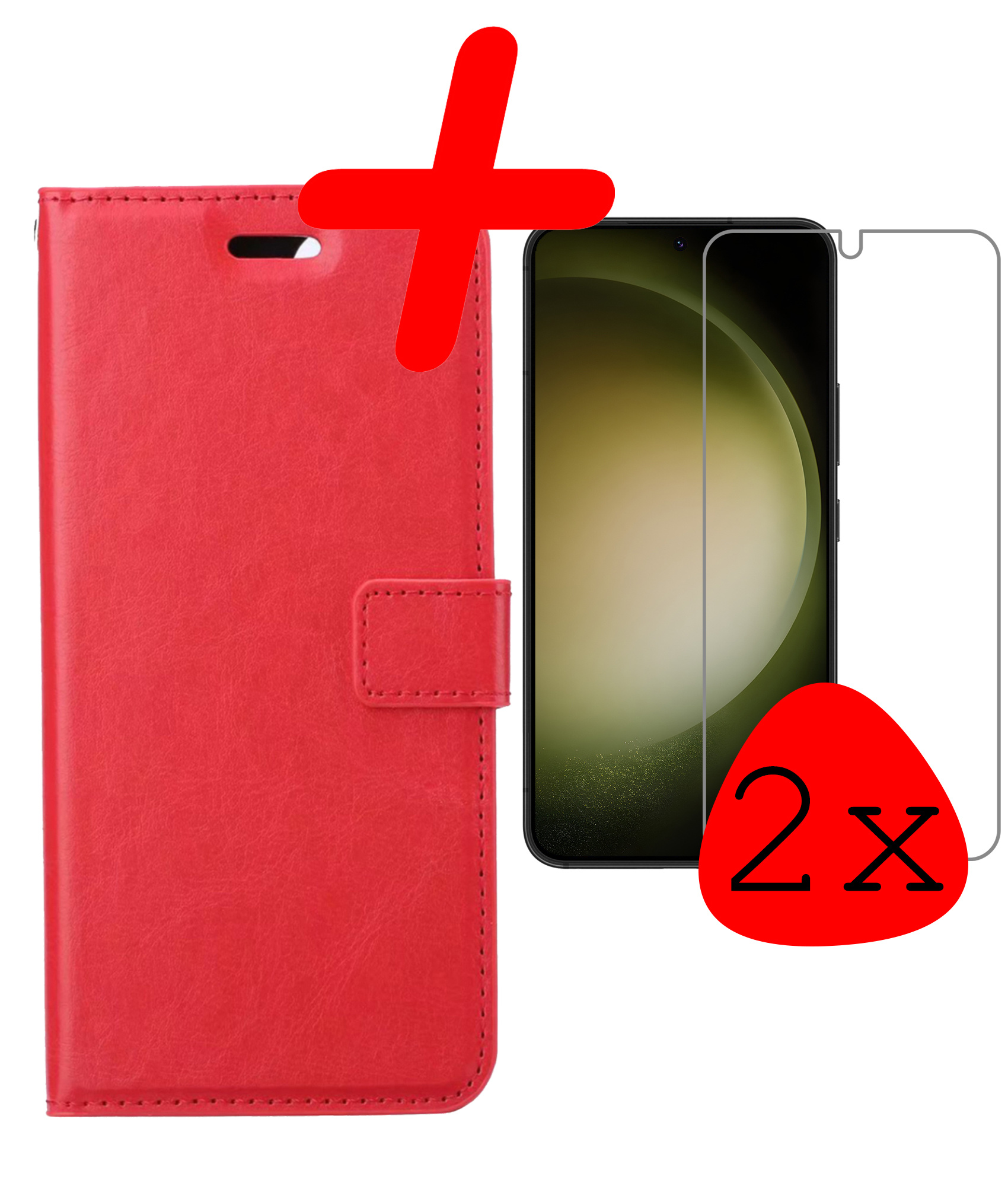 BASEY. Hoes Geschikt voor Samsung S23 Hoesje Bookcase Hoes Flip Case Book Cover Met 2x Screenprotector - Hoesje Geschikt voor Samsung Galaxy S23 Hoes Book Case Hoesje - Rood