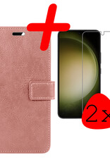 BASEY. Hoes Geschikt voor Samsung S23 Hoesje Bookcase Hoes Flip Case Book Cover Met 2x Screenprotector - Hoesje Geschikt voor Samsung Galaxy S23 Hoes Book Case Hoesje - Rosé goud