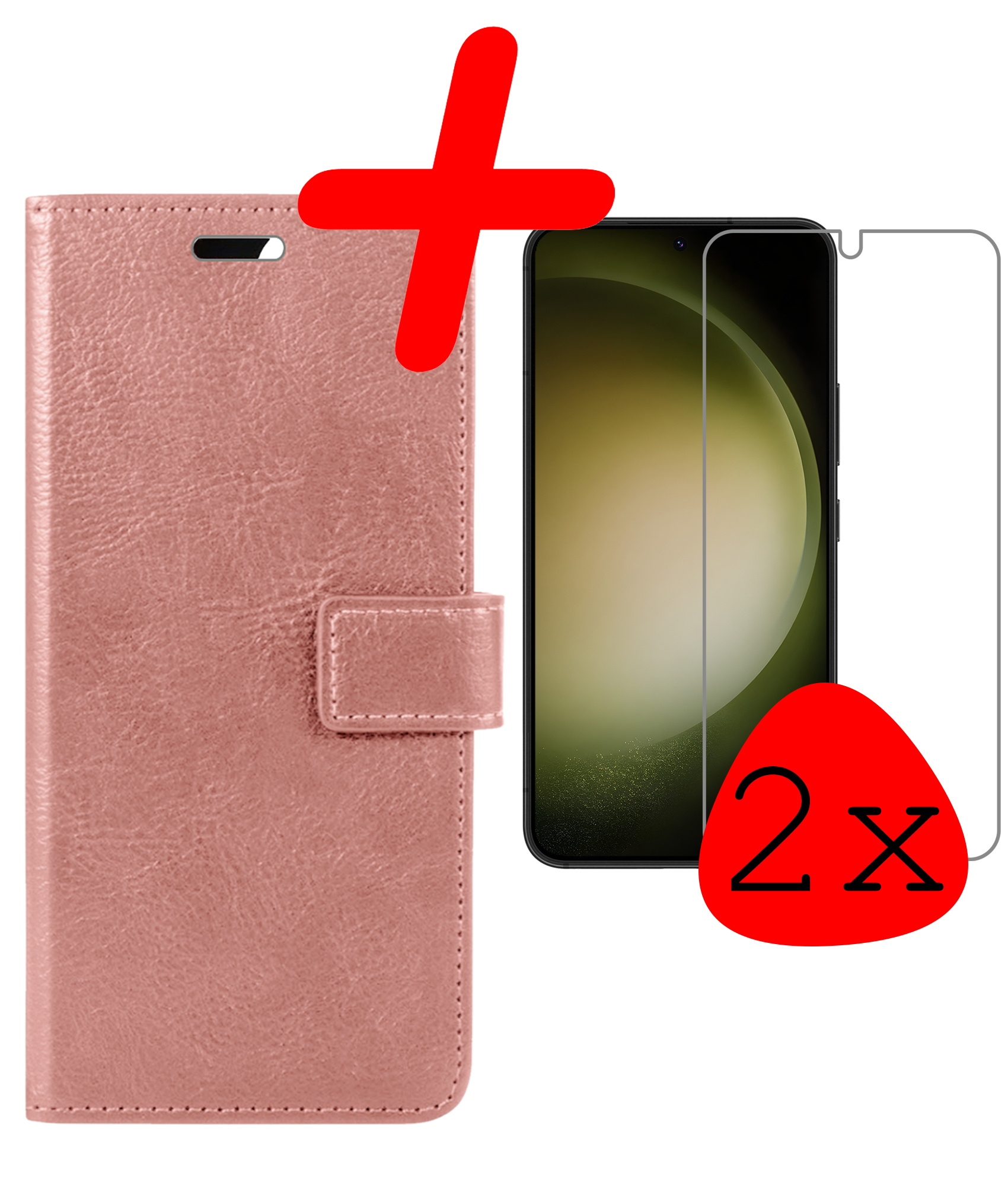 BASEY. Hoes Geschikt voor Samsung S23 Hoesje Bookcase Hoes Flip Case Book Cover Met 2x Screenprotector - Hoesje Geschikt voor Samsung Galaxy S23 Hoes Book Case Hoesje - Rosé goud