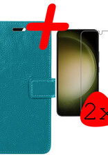 BASEY. Hoes Geschikt voor Samsung S23 Hoesje Bookcase Hoes Flip Case Book Cover Met 2x Screenprotector - Hoesje Geschikt voor Samsung Galaxy S23 Hoes Book Case Hoesje - Turquoise