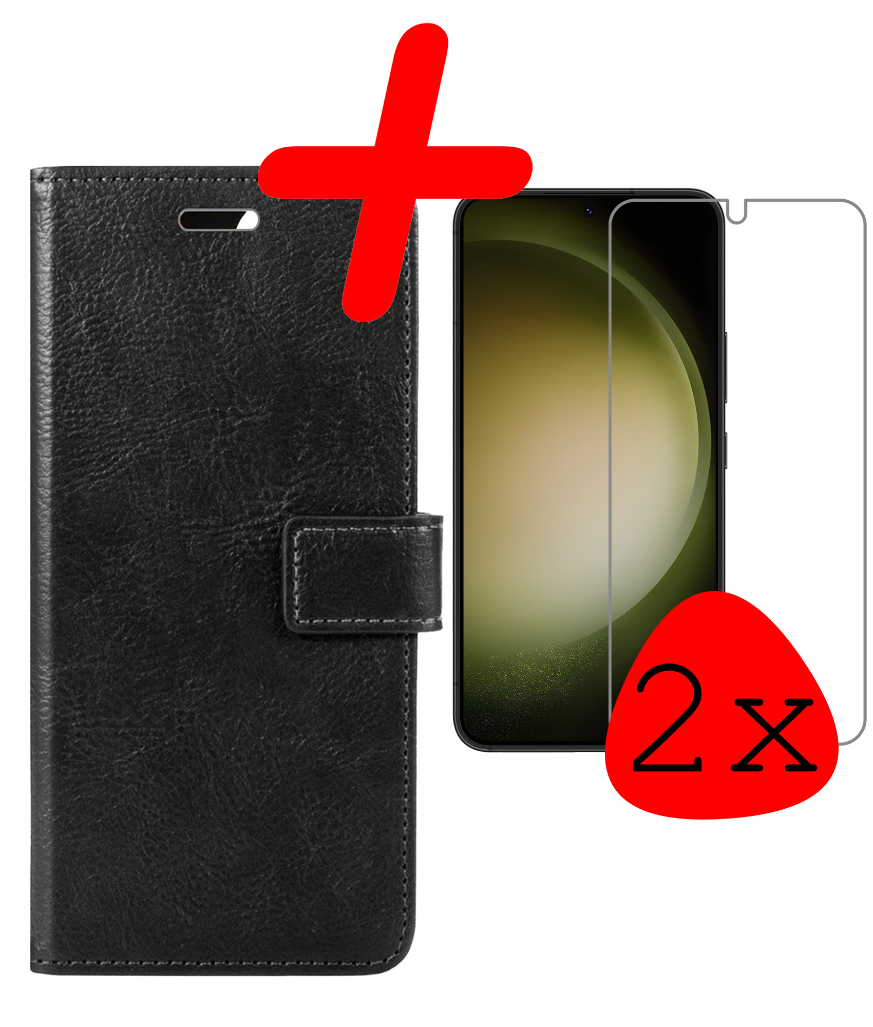 BASEY. Hoes Geschikt voor Samsung S23 Hoesje Bookcase Hoes Flip Case Book Cover Met 2x Screenprotector - Hoesje Geschikt voor Samsung Galaxy S23 Hoes Book Case Hoesje - Zwart