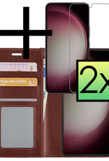 NoXx Hoes Geschikt voor Samsung S23 Hoesje Book Case Hoes Flip Cover Wallet Bookcase Met 2x Screenprotector - Bruin