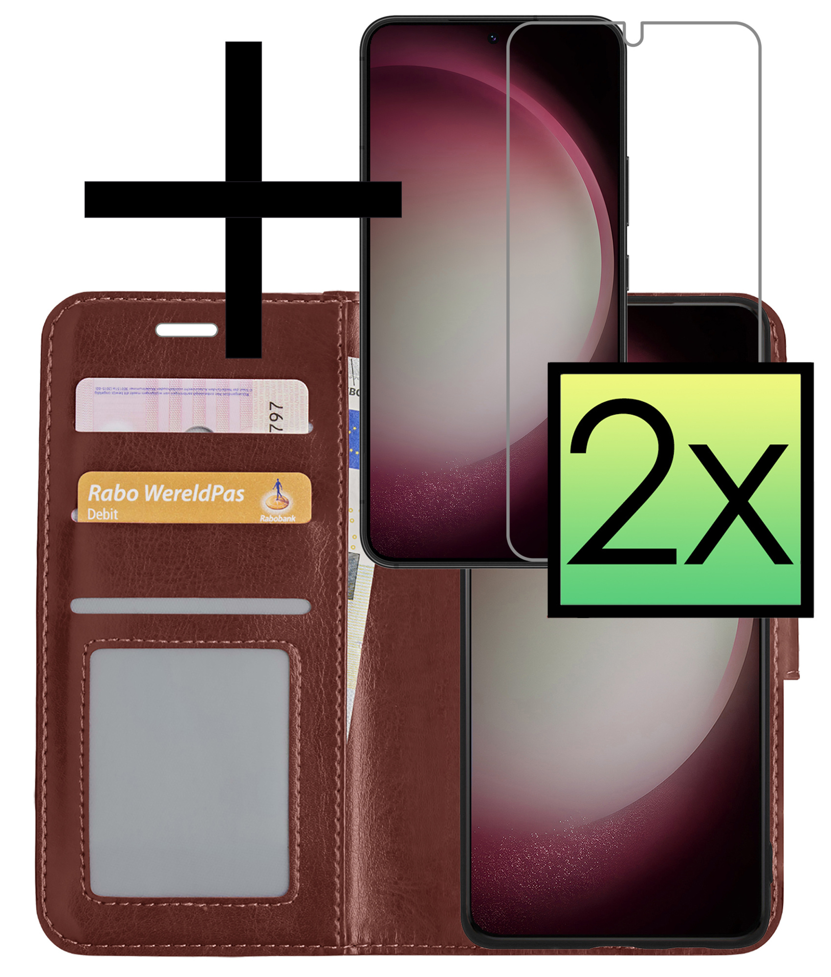 NoXx Hoes Geschikt voor Samsung S23 Hoesje Book Case Hoes Flip Cover Wallet Bookcase Met 2x Screenprotector - Bruin