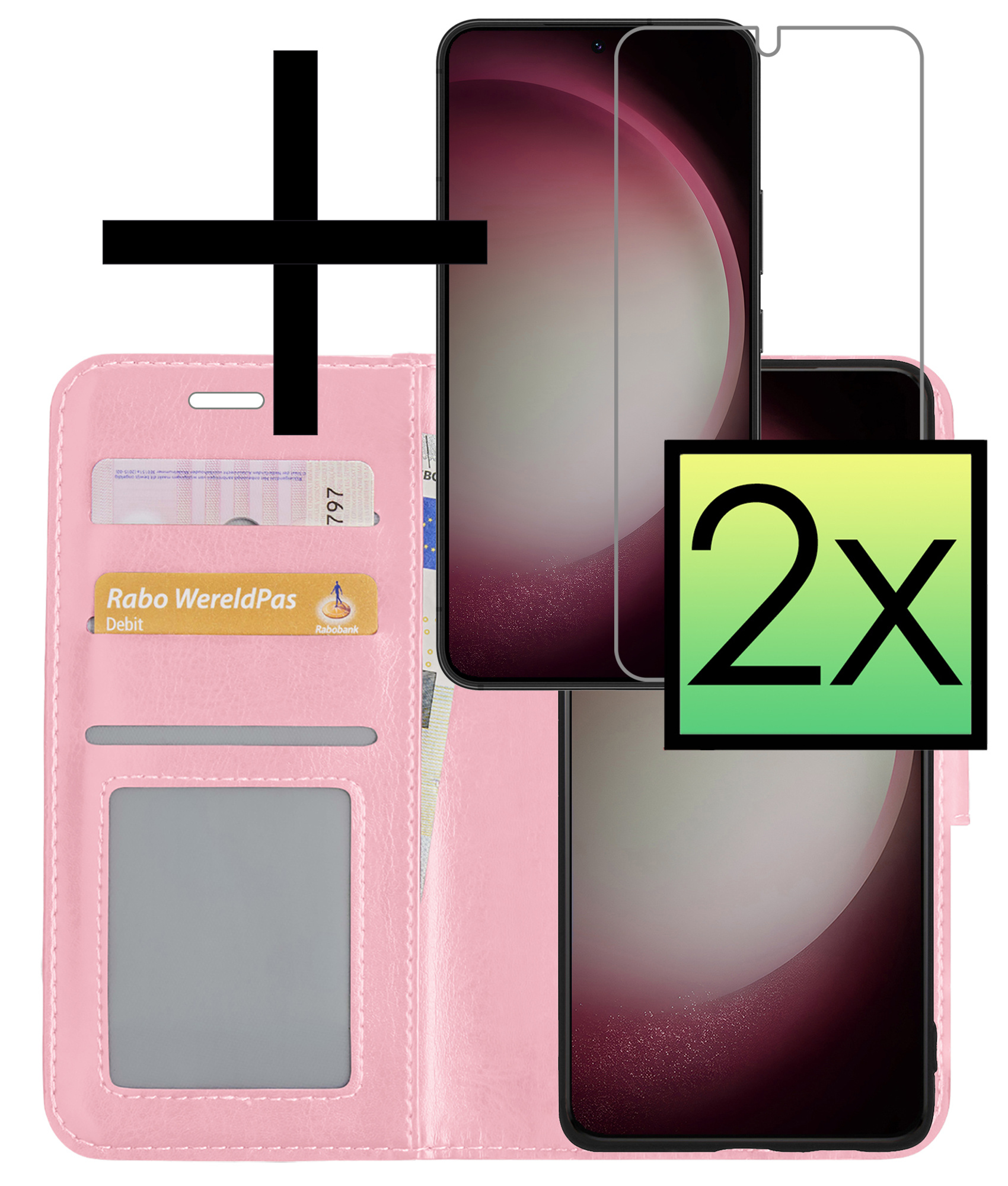 NoXx Hoes Geschikt voor Samsung S23 Hoesje Book Case Hoes Flip Cover Wallet Bookcase Met 2x Screenprotector - Lichtroze