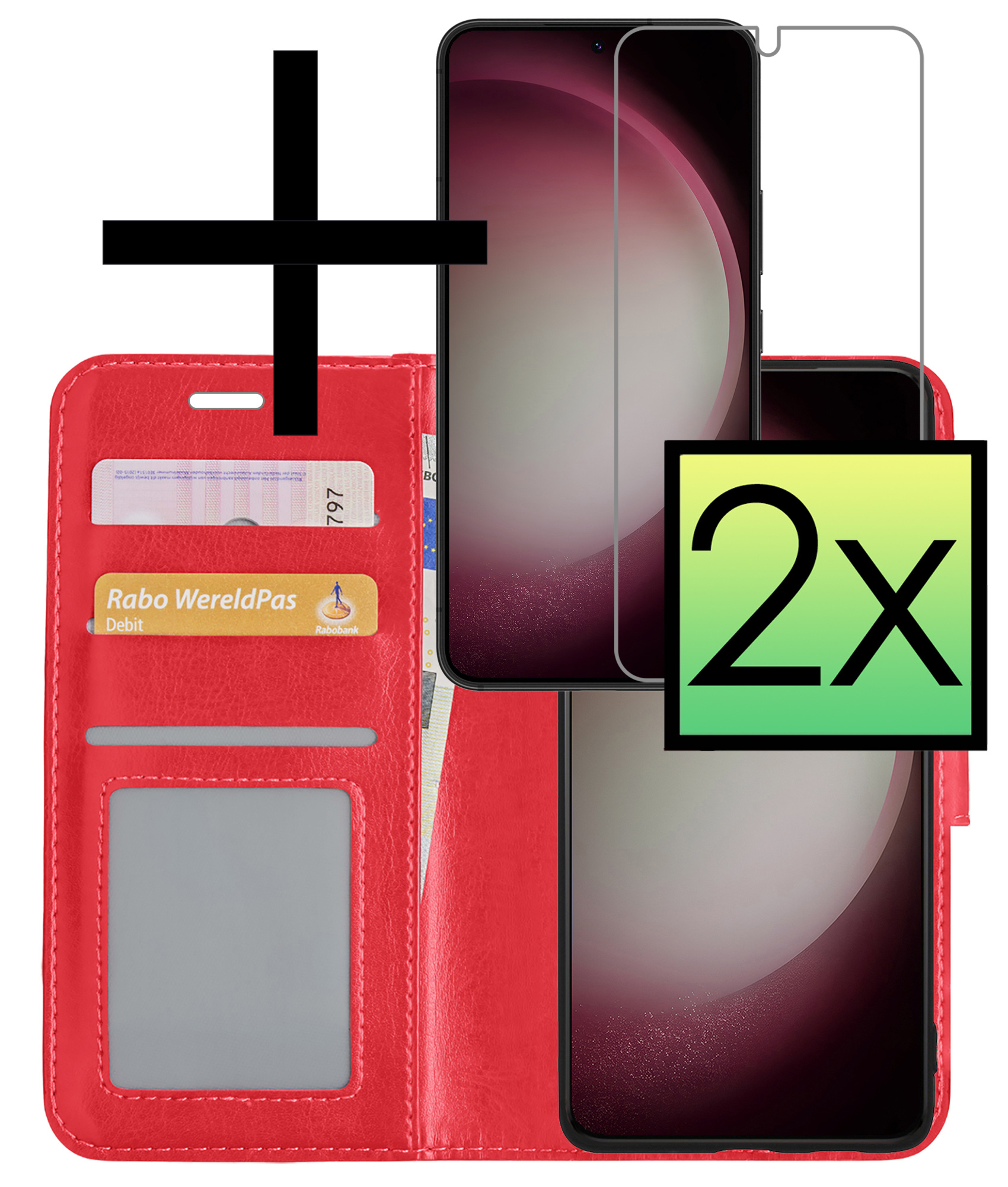 NoXx Hoes Geschikt voor Samsung S23 Hoesje Book Case Hoes Flip Cover Wallet Bookcase Met 2x Screenprotector - Rood