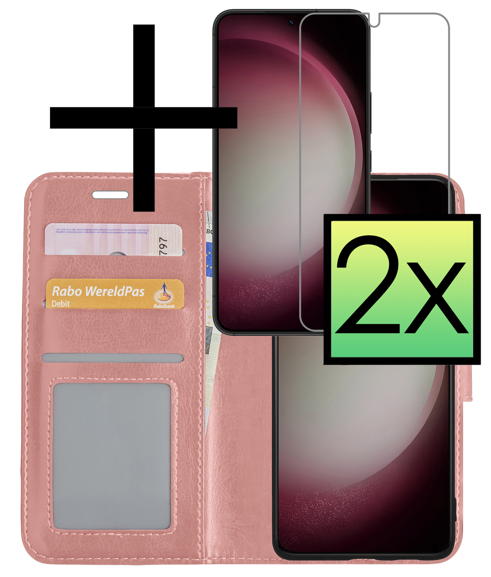 NoXx Hoes Geschikt voor Samsung S23 Hoesje Book Case Hoes Flip Cover Wallet Bookcase Met 2x Screenprotector - Rosé goud