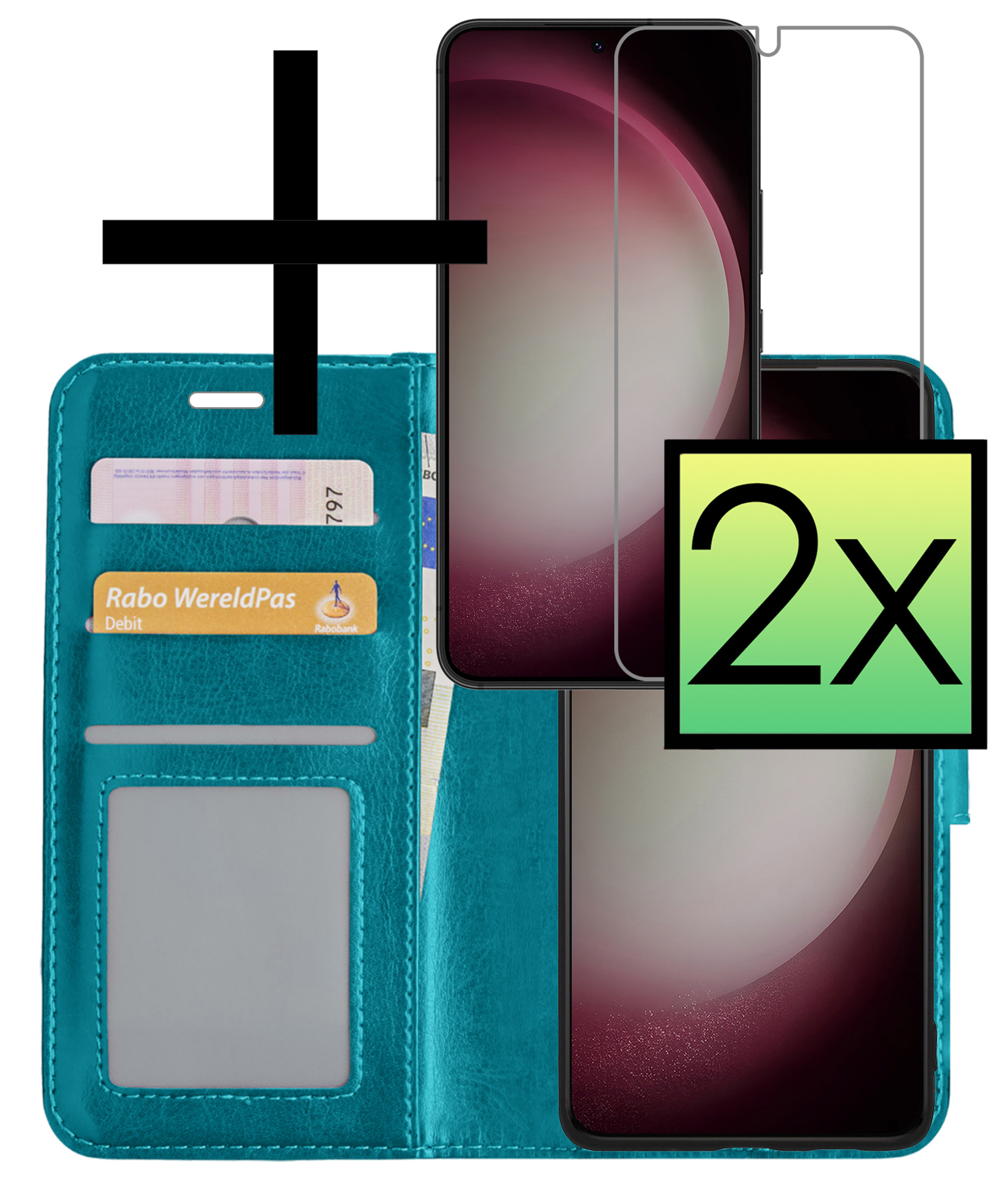 NoXx Hoes Geschikt voor Samsung S23 Hoesje Book Case Hoes Flip Cover Wallet Bookcase Met 2x Screenprotector - Turquoise