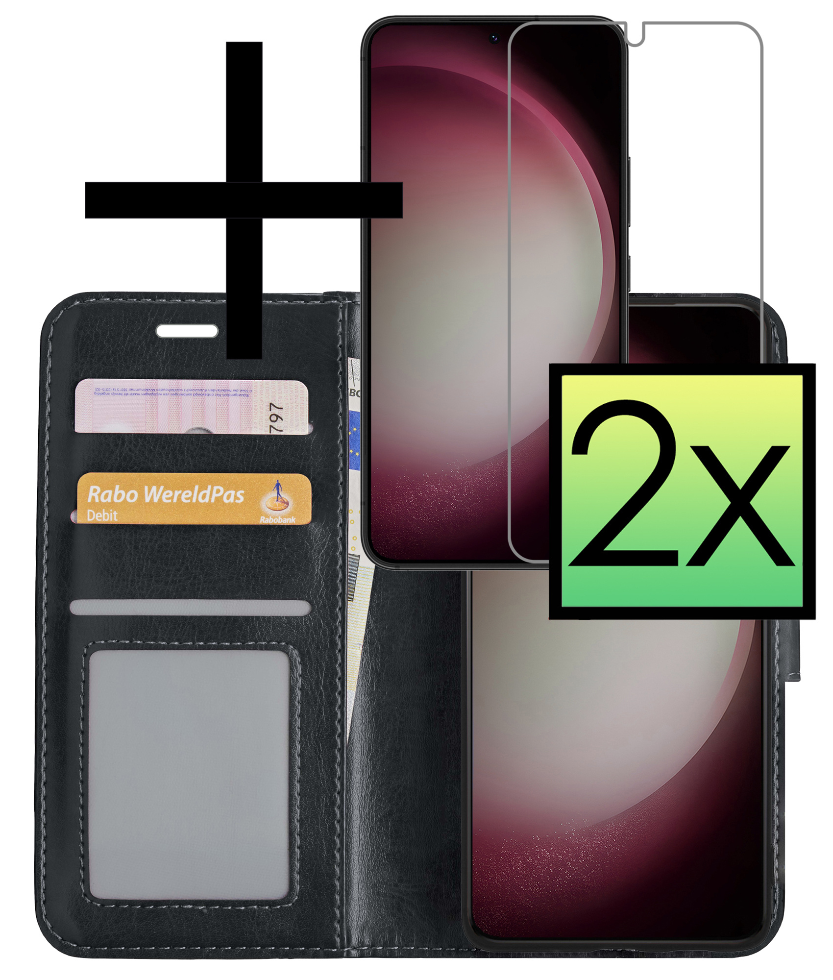 NoXx Hoes Geschikt voor Samsung S23 Hoesje Book Case Hoes Flip Cover Wallet Bookcase Met 2x Screenprotector - Zwart