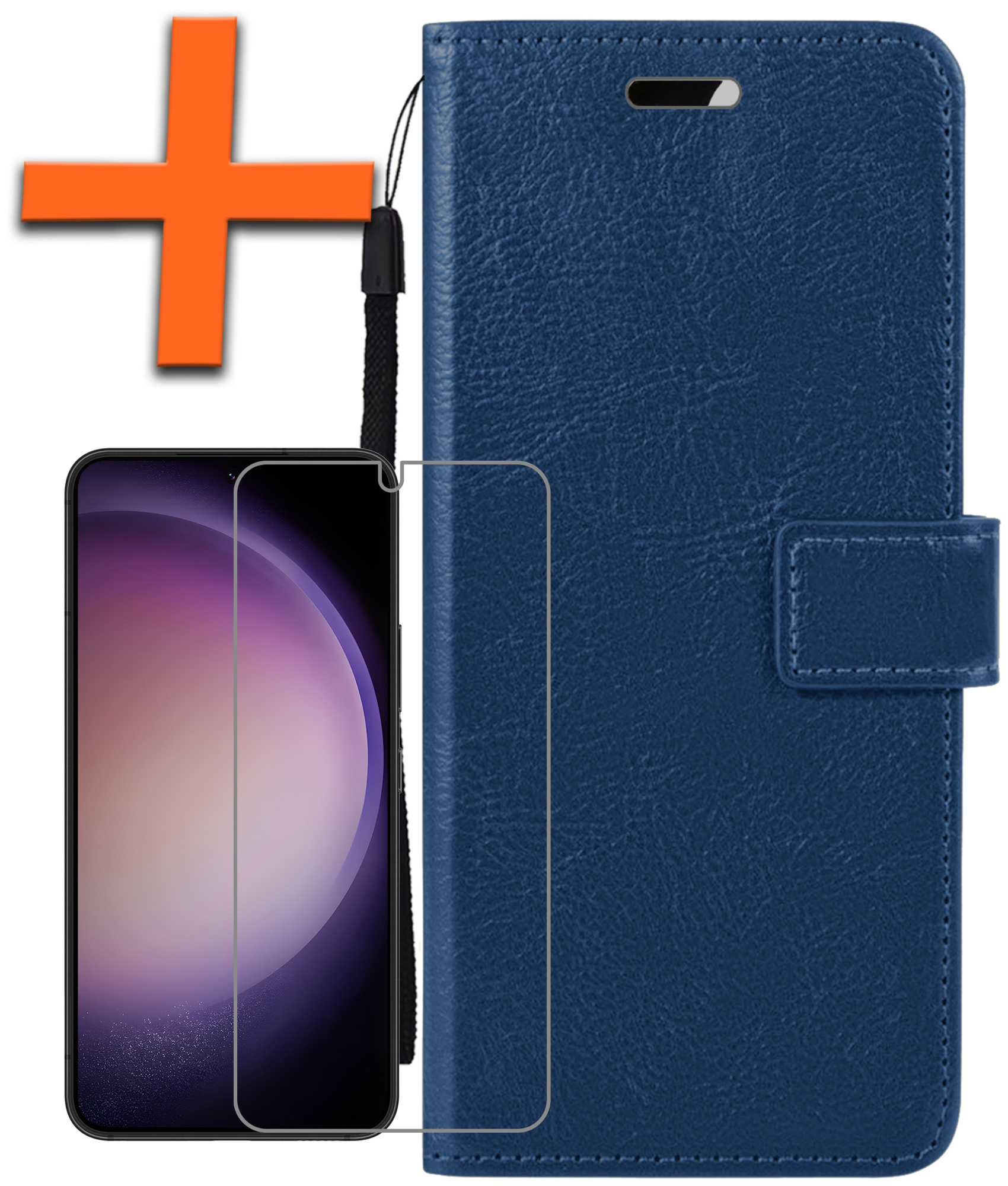 Nomfy Hoesje Geschikt voor Samsung S23 Hoes Bookcase Flipcase Book Cover Met Screenprotector - Hoes Geschikt voor Samsung Galaxy S23 Hoesje Book Case - Donkerblauw