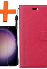 Nomfy Hoesje Geschikt voor Samsung S23 Hoes Bookcase Flipcase Book Cover Met Screenprotector - Hoes Geschikt voor Samsung Galaxy S23 Hoesje Book Case - Donkerroze