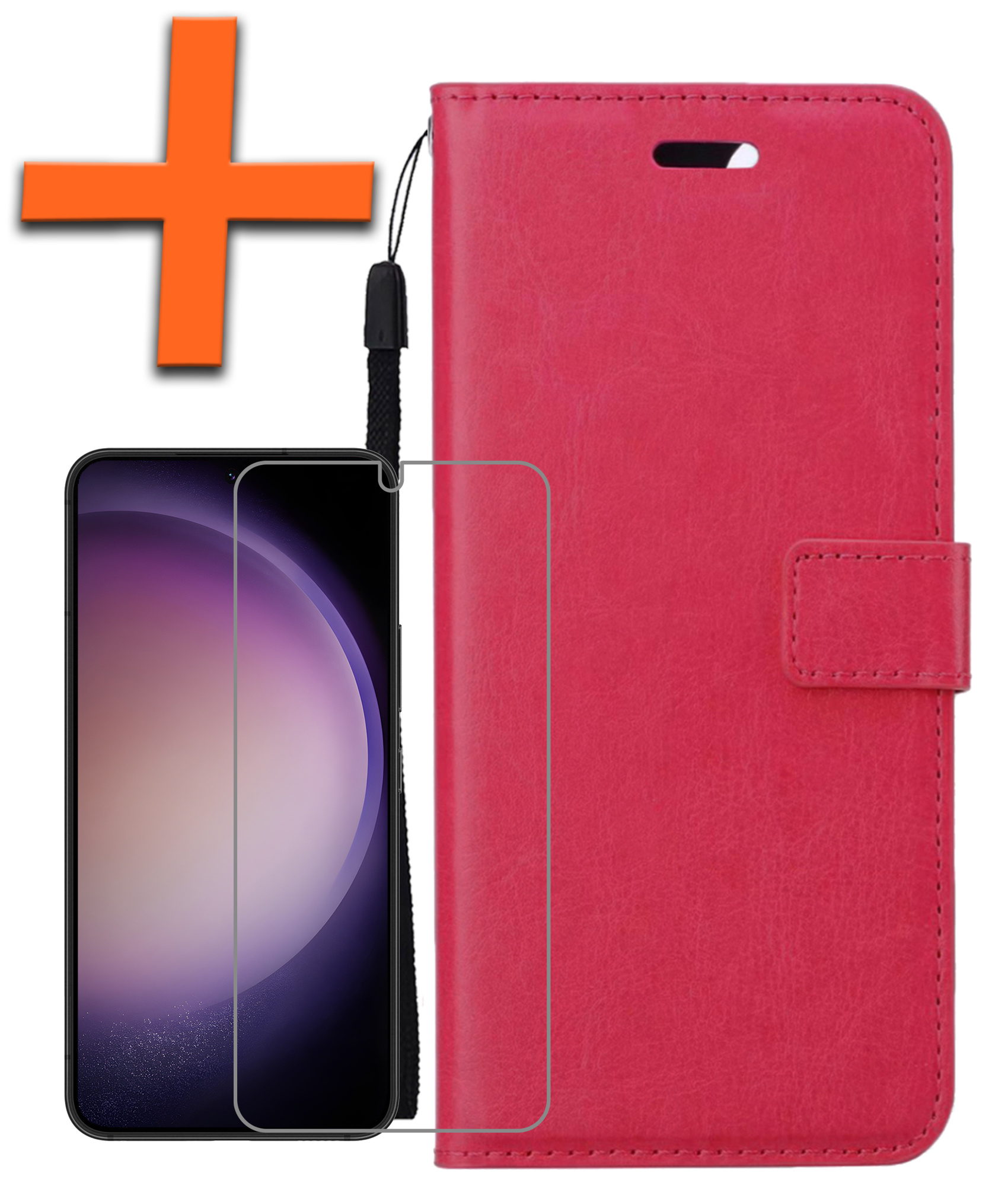 Nomfy Hoesje Geschikt voor Samsung S23 Hoes Bookcase Flipcase Book Cover Met Screenprotector - Hoes Geschikt voor Samsung Galaxy S23 Hoesje Book Case - Donkerroze