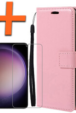 Nomfy Hoesje Geschikt voor Samsung S23 Hoes Bookcase Flipcase Book Cover Met Screenprotector - Hoes Geschikt voor Samsung Galaxy S23 Hoesje Book Case - Lichtroze