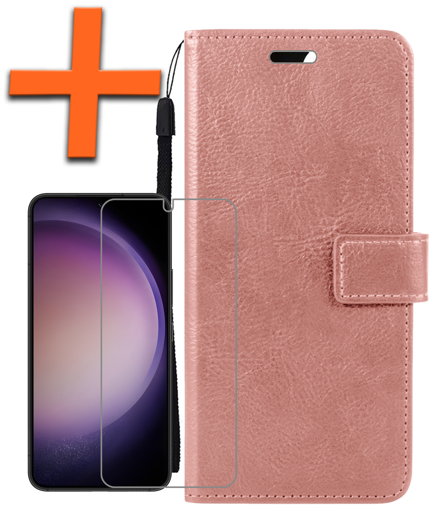 Nomfy Hoesje Geschikt voor Samsung S23 Hoes Bookcase Flipcase Book Cover Met Screenprotector - Hoes Geschikt voor Samsung Galaxy S23 Hoesje Book Case - Rosé goud