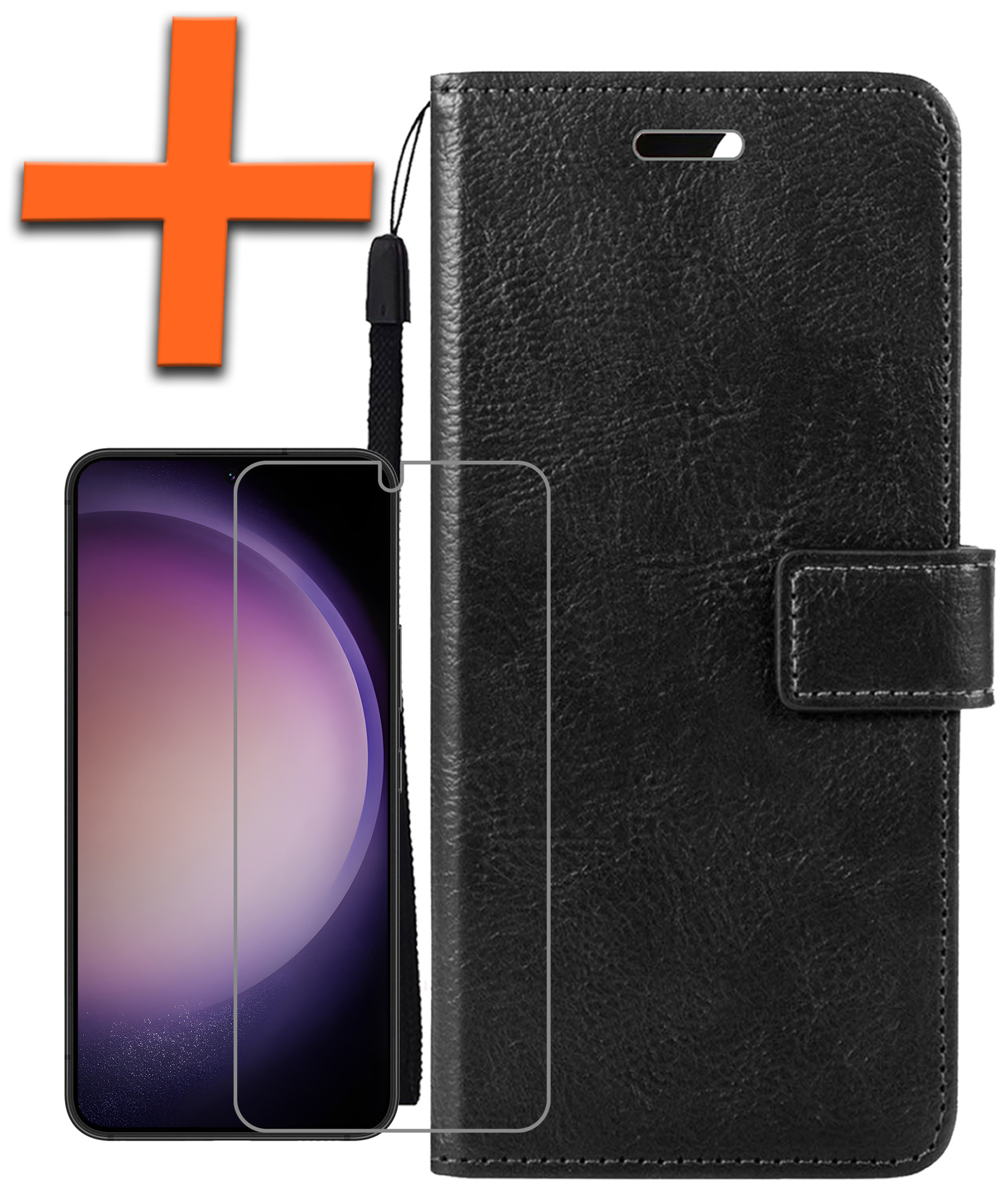 Nomfy Hoesje Geschikt voor Samsung S23 Hoes Bookcase Flipcase Book Cover Met Screenprotector - Hoes Geschikt voor Samsung Galaxy S23 Hoesje Book Case - Zwart