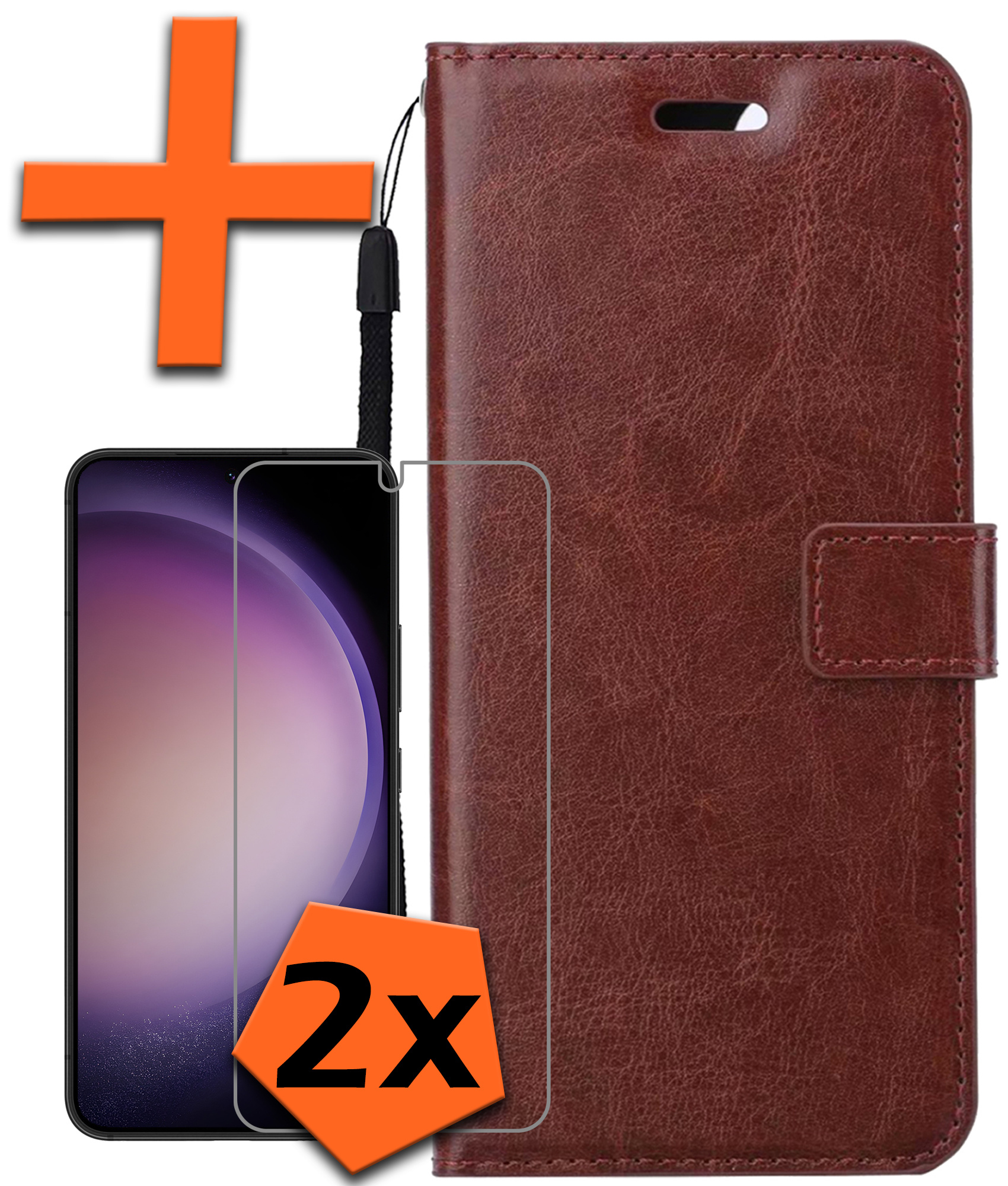 Nomfy Hoesje Geschikt voor Samsung S23 Hoes Bookcase Flipcase Book Cover Met 2x Screenprotector - Hoes Geschikt voor Samsung Galaxy S23 Hoesje Book Case - Bruin