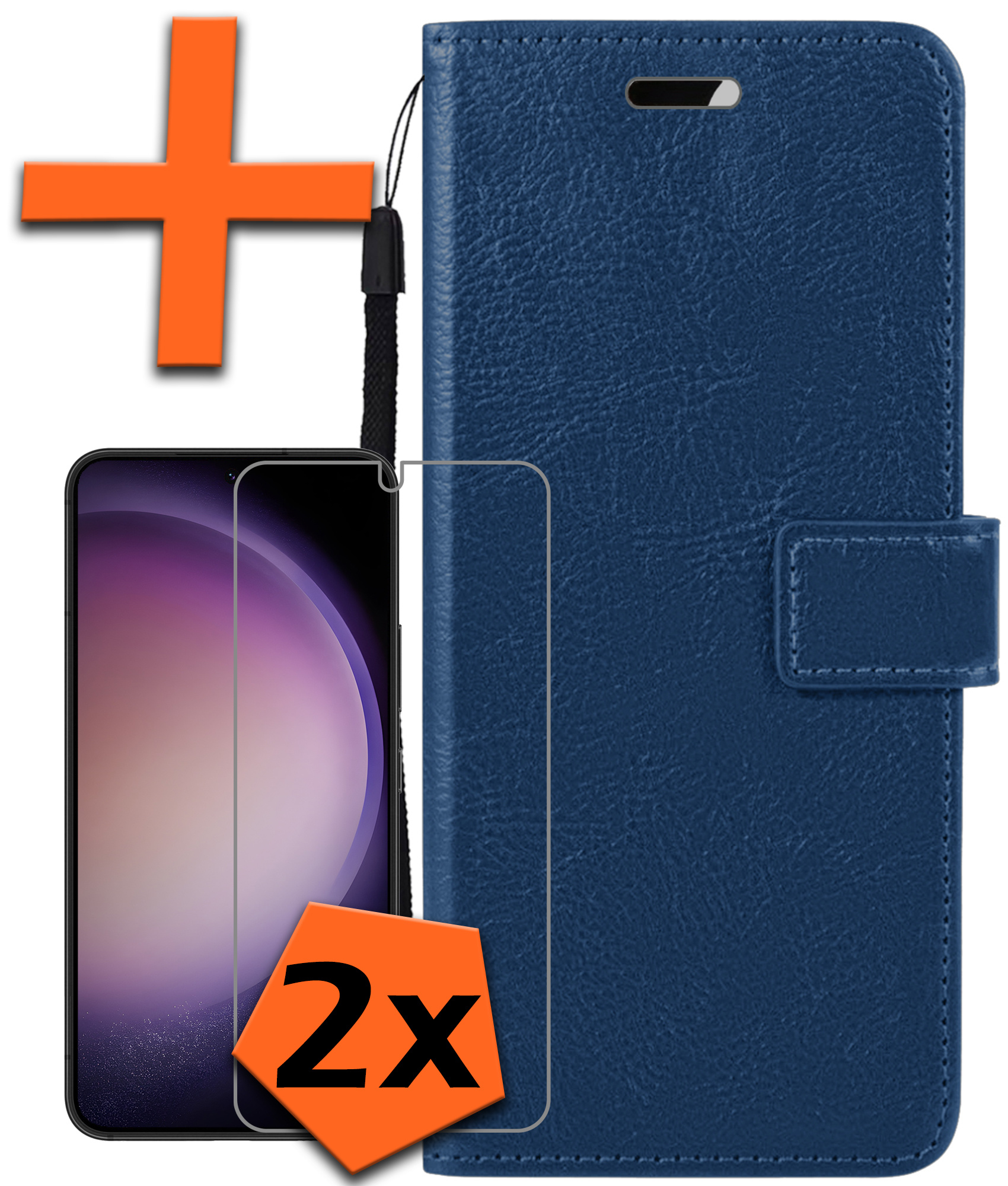 Nomfy Hoesje Geschikt voor Samsung S23 Hoes Bookcase Flipcase Book Cover Met 2x Screenprotector - Hoes Geschikt voor Samsung Galaxy S23 Hoesje Book Case - Donkerblauw