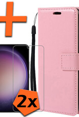 Nomfy Hoesje Geschikt voor Samsung S23 Hoes Bookcase Flipcase Book Cover Met 2x Screenprotector - Hoes Geschikt voor Samsung Galaxy S23 Hoesje Book Case - Lichtroze