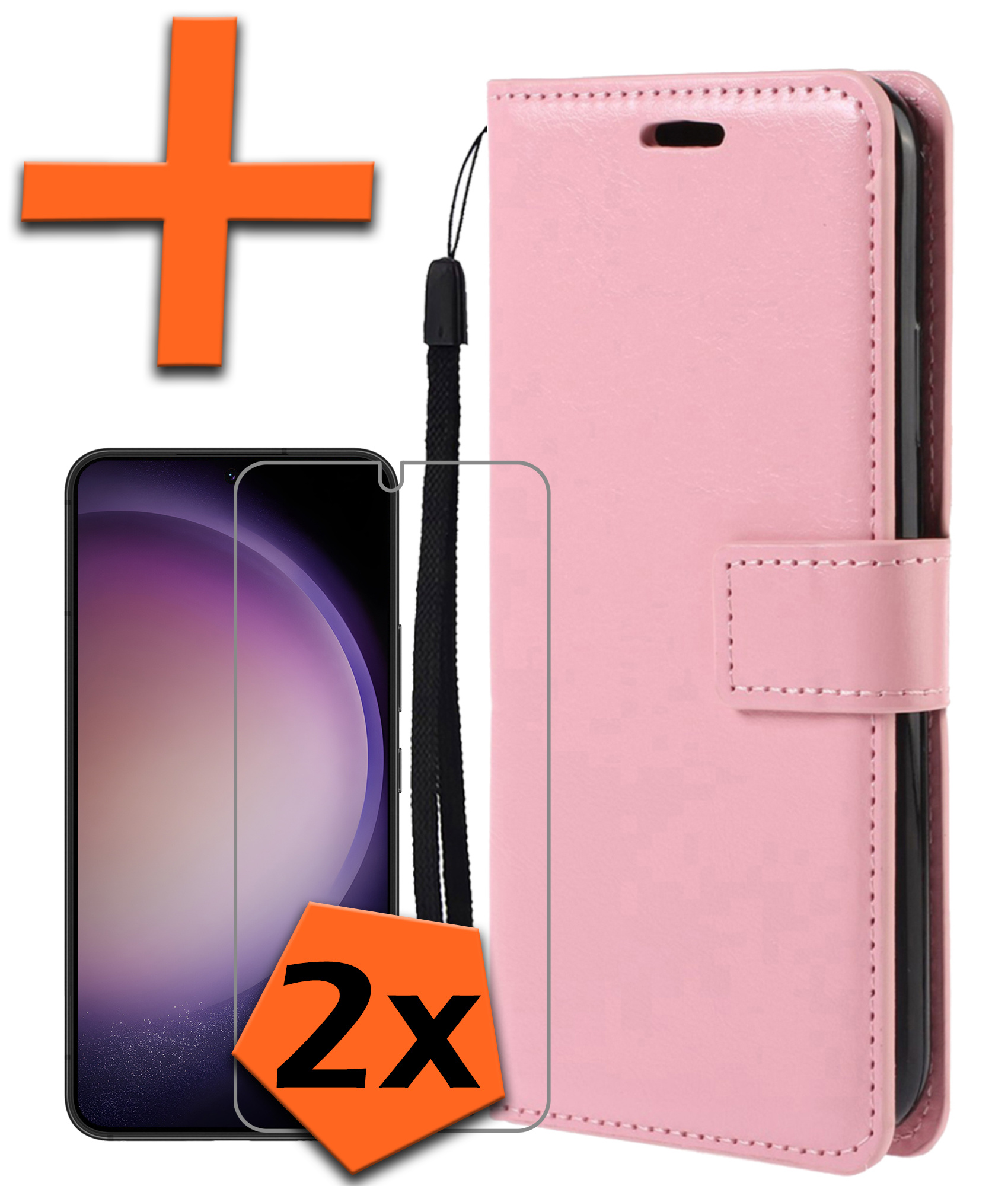 Nomfy Hoesje Geschikt voor Samsung S23 Hoes Bookcase Flipcase Book Cover Met 2x Screenprotector - Hoes Geschikt voor Samsung Galaxy S23 Hoesje Book Case - Lichtroze