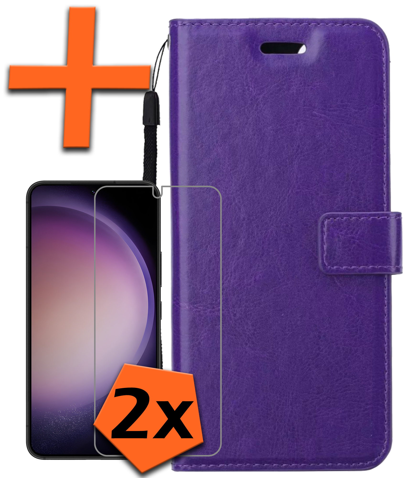 Nomfy Hoesje Geschikt voor Samsung S23 Hoes Bookcase Flipcase Book Cover Met 2x Screenprotector - Hoes Geschikt voor Samsung Galaxy S23 Hoesje Book Case - Paars