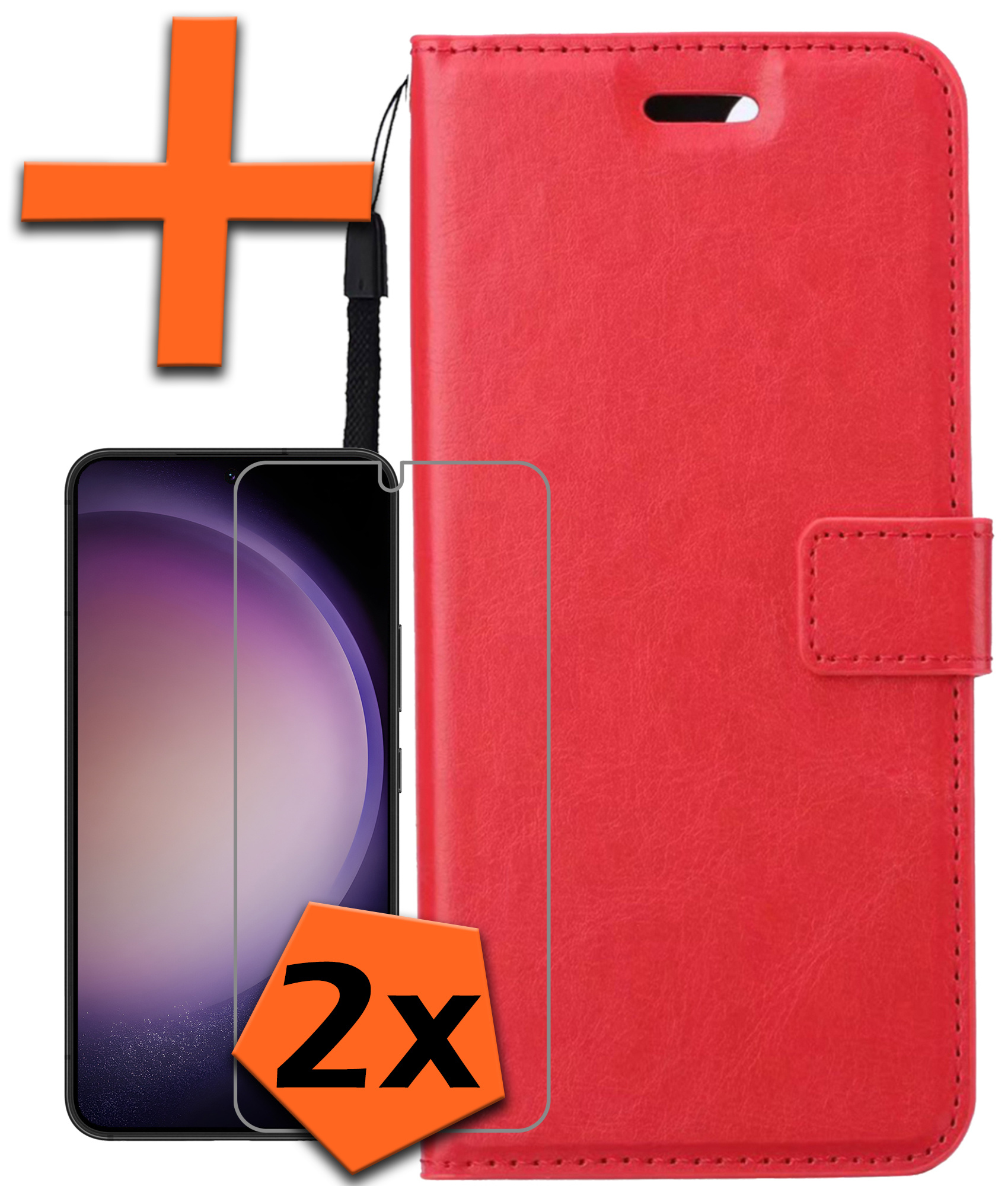 Nomfy Hoesje Geschikt voor Samsung S23 Hoes Bookcase Flipcase Book Cover Met 2x Screenprotector - Hoes Geschikt voor Samsung Galaxy S23 Hoesje Book Case - Rood