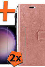 Nomfy Hoesje Geschikt voor Samsung S23 Hoes Bookcase Flipcase Book Cover Met 2x Screenprotector - Hoes Geschikt voor Samsung Galaxy S23 Hoesje Book Case - Rosé goud