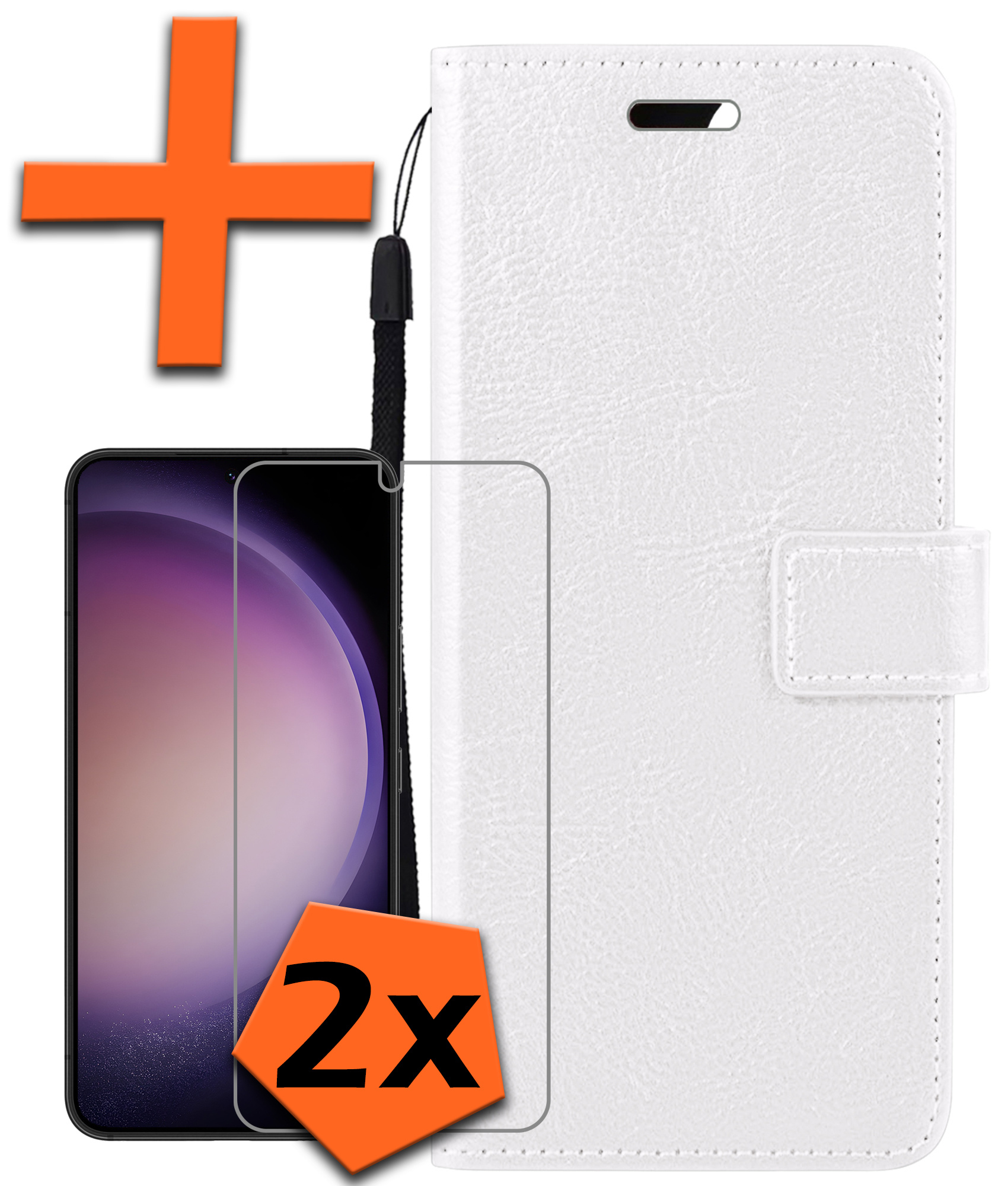 Nomfy Hoesje Geschikt voor Samsung S23 Hoes Bookcase Flipcase Book Cover Met 2x Screenprotector - Hoes Geschikt voor Samsung Galaxy S23 Hoesje Book Case - Wit