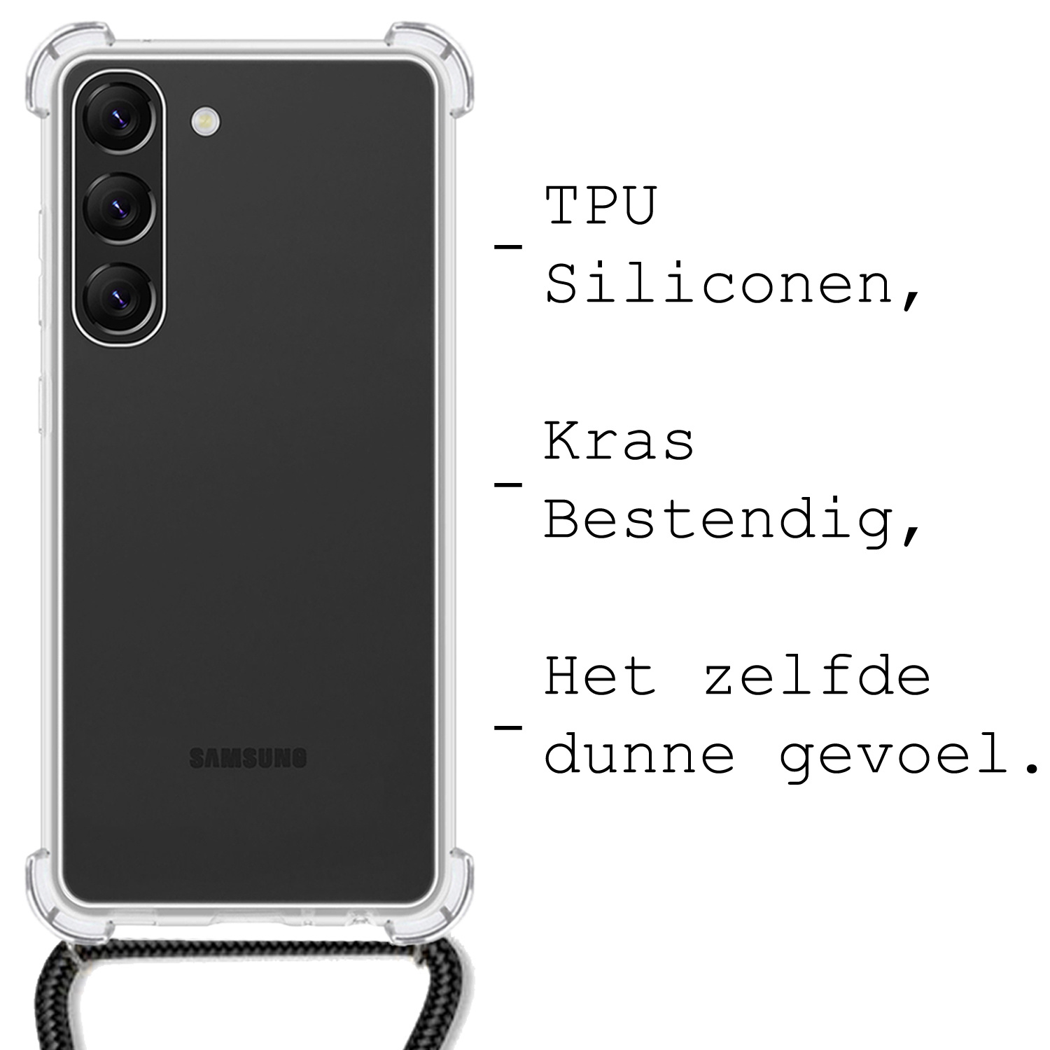 BASEY. Hoes Geschikt voor Samsung S23 Hoesje Shock Proof Case Met Koord Shock Hoes Met Koord - Hoesje Geschikt voor Samsung Galaxy S23 Hoes Cover Met Koord - Transparant