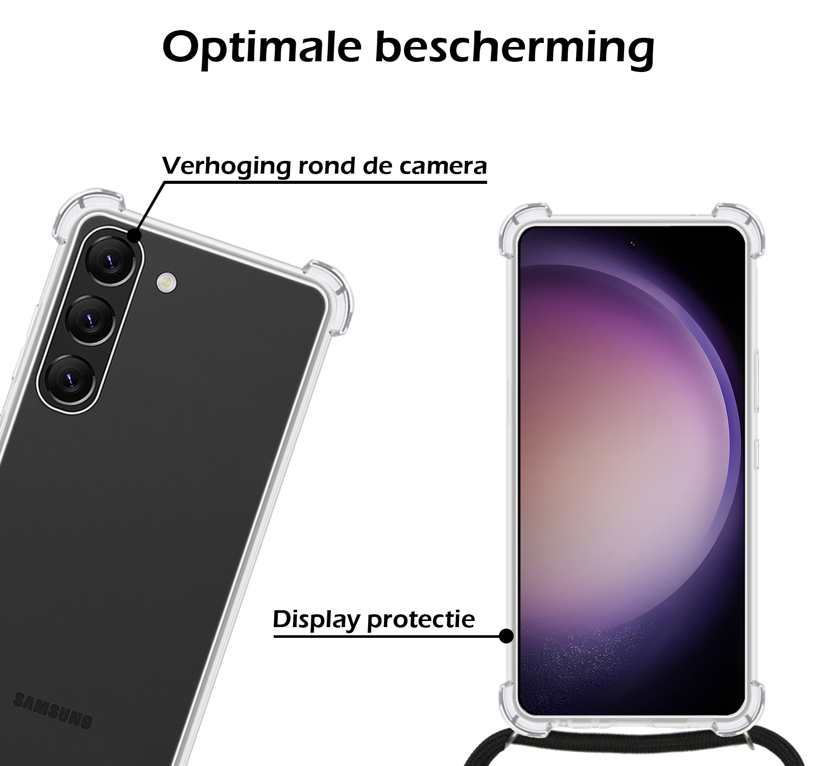 Nomfy Hoesje Geschikt voor Samsung S23 Hoesje Shock Proof Transparant Met Telefoonketting Case Shock Koord - Hoesje Geschikt voor Samsung Galaxy S23 Shock Proof Case Met Koord - Transparant