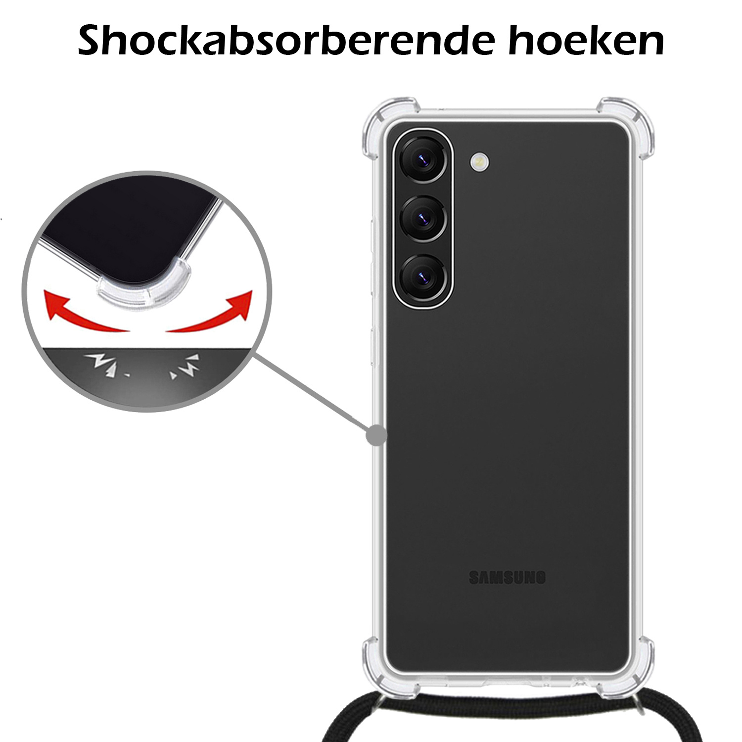 Nomfy Hoesje Geschikt voor Samsung S23 Hoesje Shock Proof Transparant Met Telefoonketting Case Shock Koord - Hoesje Geschikt voor Samsung Galaxy S23 Shock Proof Case Met Koord - Transparant