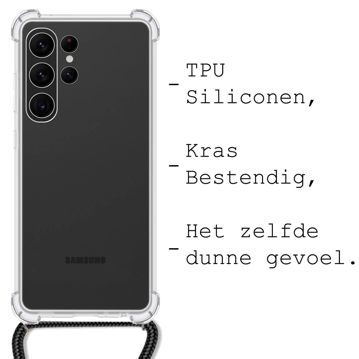 BASEY. Hoes Geschikt voor Samsung S23 Ultra Hoesje Shock Proof Case Met Koord Shock Hoes Met Koord - Hoesje Geschikt voor Samsung Galaxy S23 Ultra Hoes Cover Met Koord - Transparant
