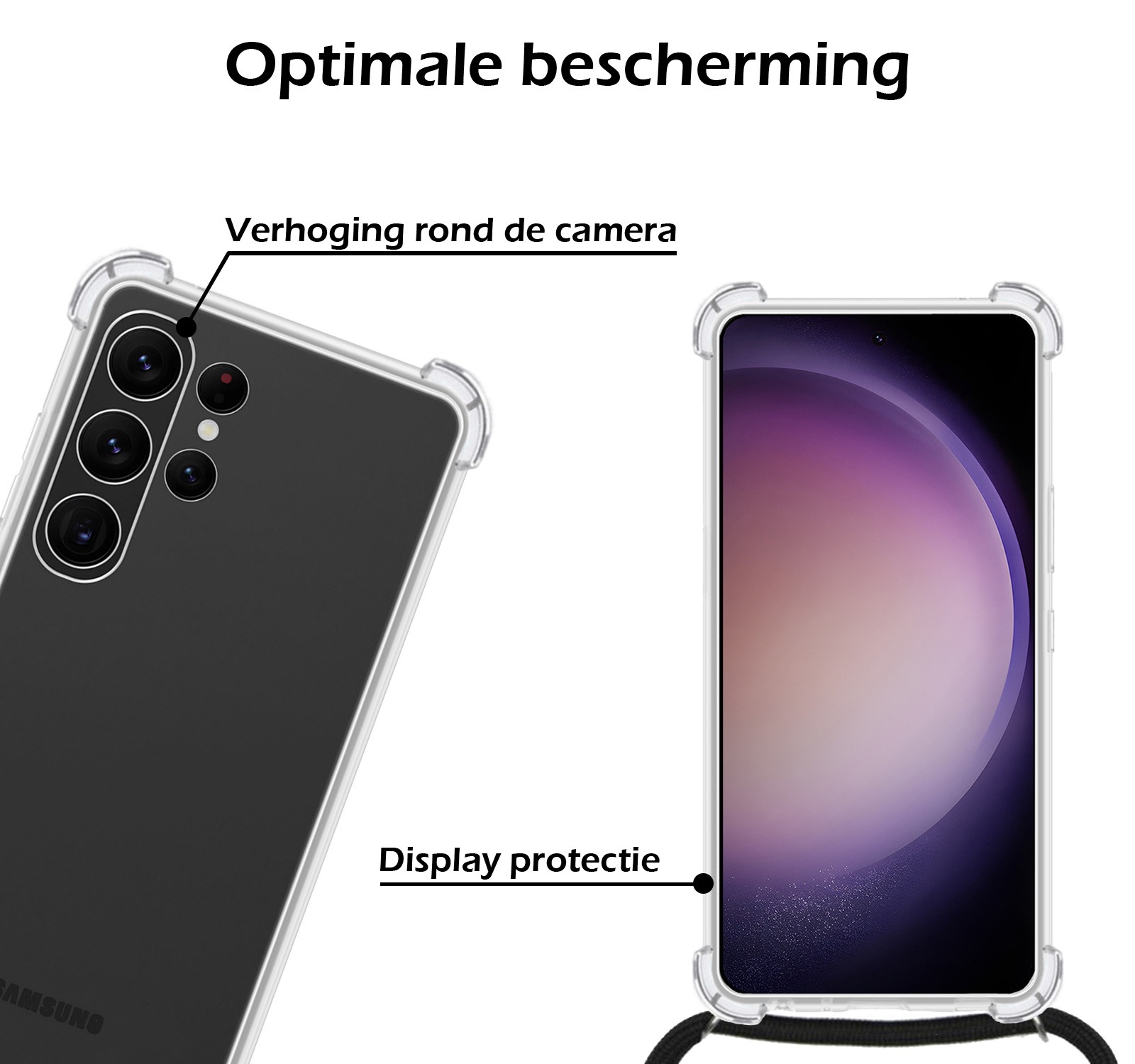 Nomfy Hoesje Geschikt voor Samsung S23 Ultra Hoesje Shock Proof Transparant Met Telefoonketting Case Shock Koord - Hoesje Geschikt voor Samsung Galaxy S23 Ultra Shock Proof Case Met Koord - Transparant