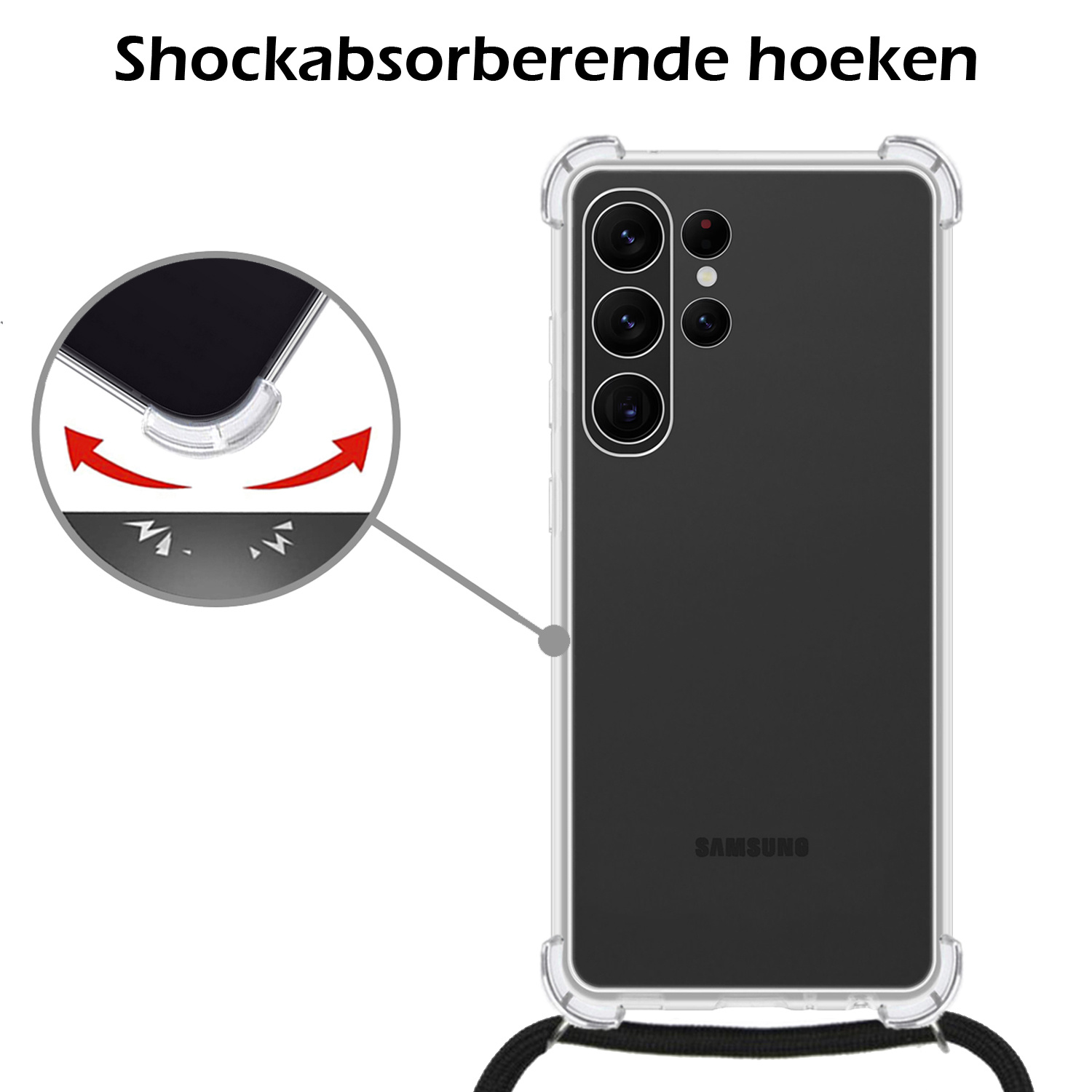 Nomfy Hoesje Geschikt voor Samsung S23 Ultra Hoesje Shock Proof Transparant Met Telefoonketting Case Shock Koord - Hoesje Geschikt voor Samsung Galaxy S23 Ultra Shock Proof Case Met Koord - Transparant