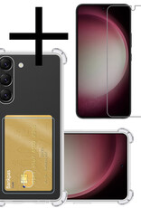 NoXx Hoes Geschikt voor Samsung S23 Hoesje Pasjeshouder Cover Shock Proof Case Siliconen Hoes Met Kaarthouder Met Screenprotector - Transparant