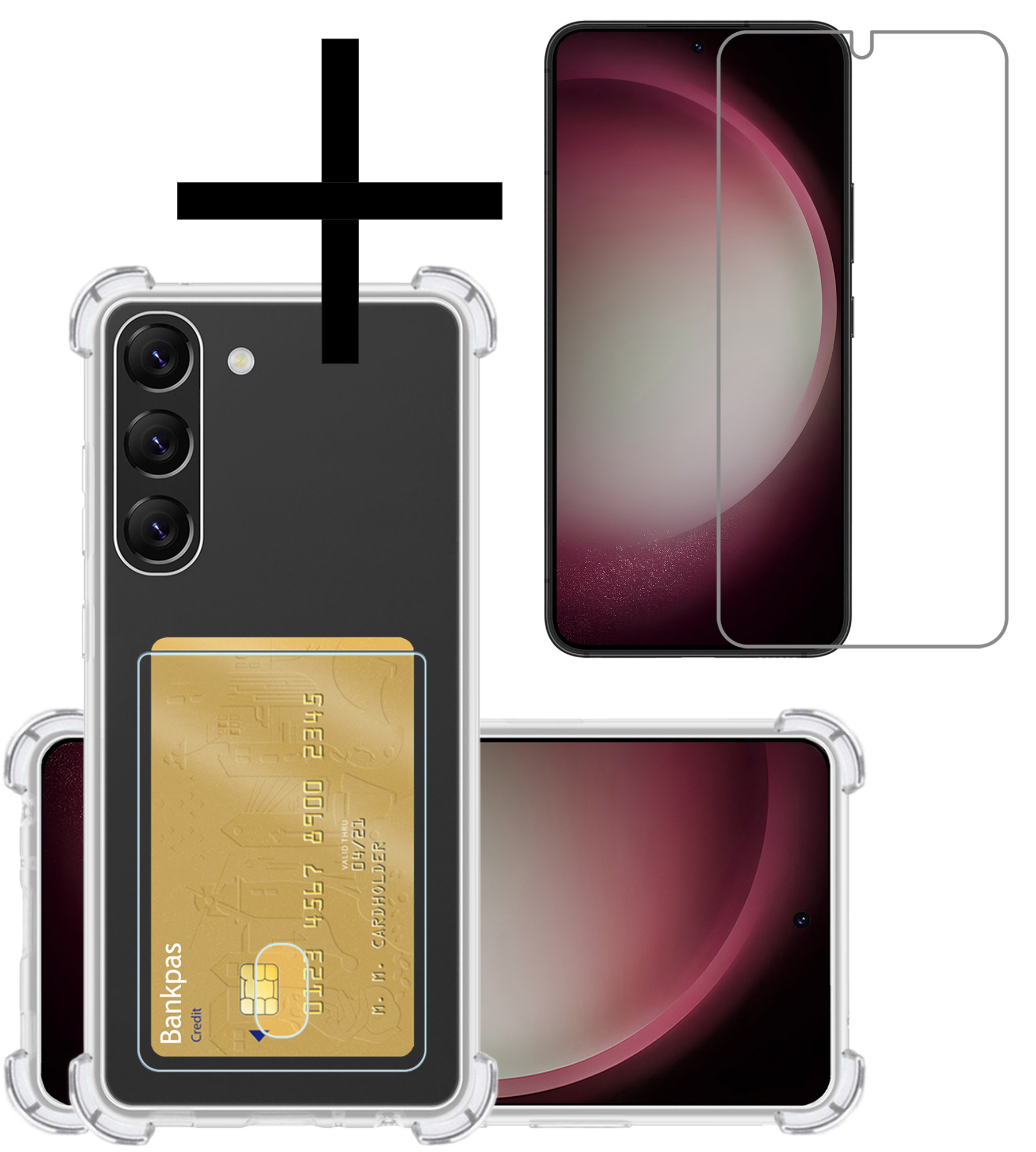 NoXx Hoes Geschikt voor Samsung S23 Hoesje Pasjeshouder Cover Shock Proof Case Siliconen Hoes Met Kaarthouder Met Screenprotector - Transparant