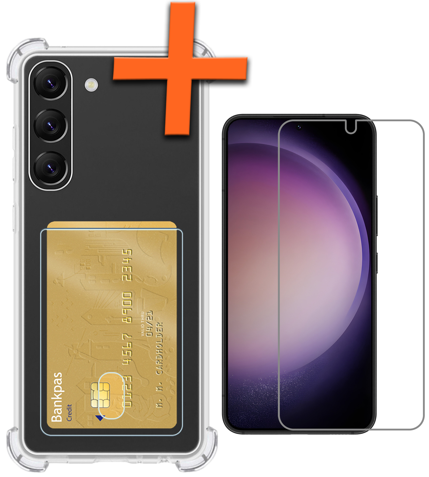 Nomfy Hoesje Geschikt voor Samsung S23 Hoesje Pasjeshouder Shockproof Pas Houder Met Screenprotector - Hoesje Geschikt voor Samsung Galaxy S23 Hoes Met Kaarthouder - Transparant