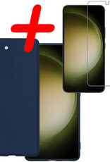 BASEY. Hoes Geschikt voor Samsung S23 Hoesje Siliconen Back Cover Case Met Screenprotector - Hoesje Geschikt voor Samsung Galaxy S23 Hoes Cover Hoesje - Donkerblauw