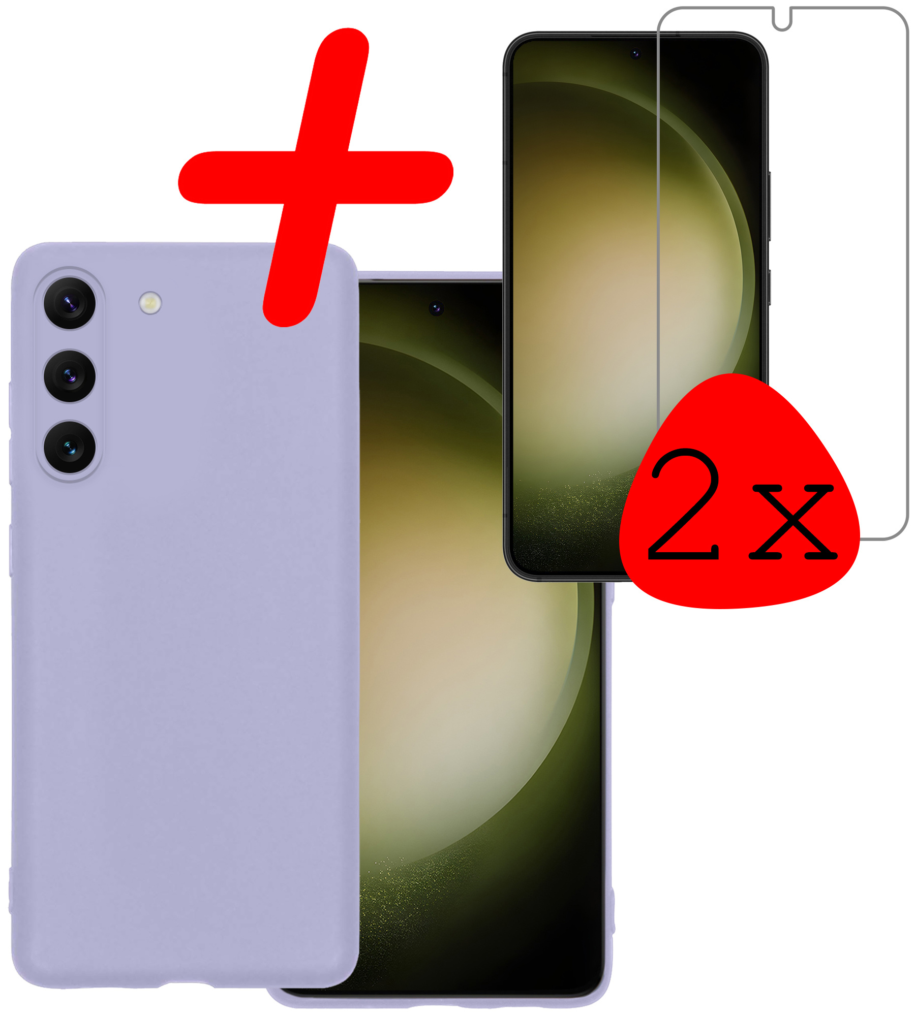BASEY. Hoes Geschikt voor Samsung S23 Hoesje Siliconen Back Cover Case Met 2x Screenprotector - Hoesje Geschikt voor Samsung Galaxy S23 Hoes Cover Hoesje - Lila
