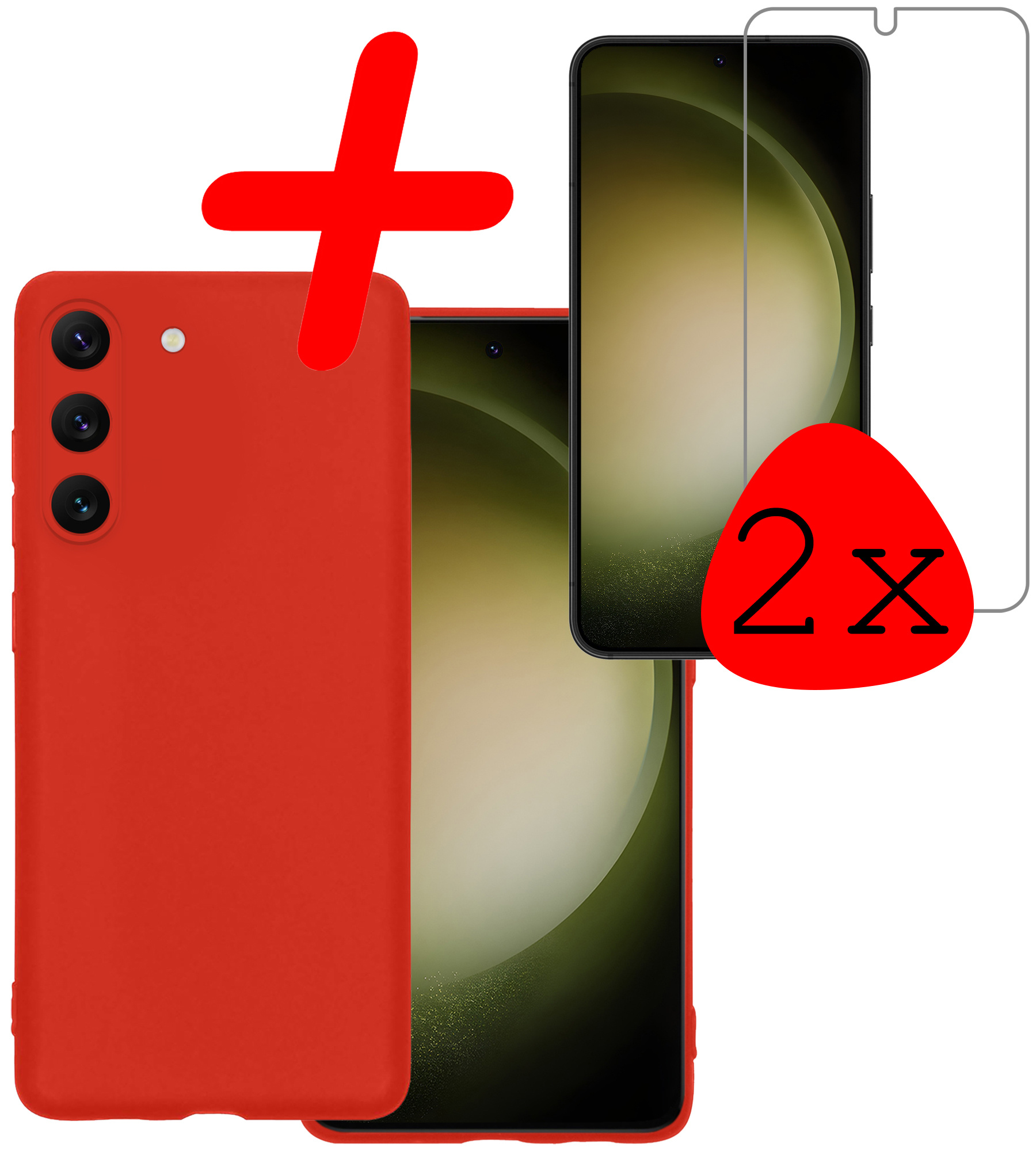 BASEY. Hoes Geschikt voor Samsung S23 Hoesje Siliconen Back Cover Case Met 2x Screenprotector - Hoesje Geschikt voor Samsung Galaxy S23 Hoes Cover Hoesje - Rood