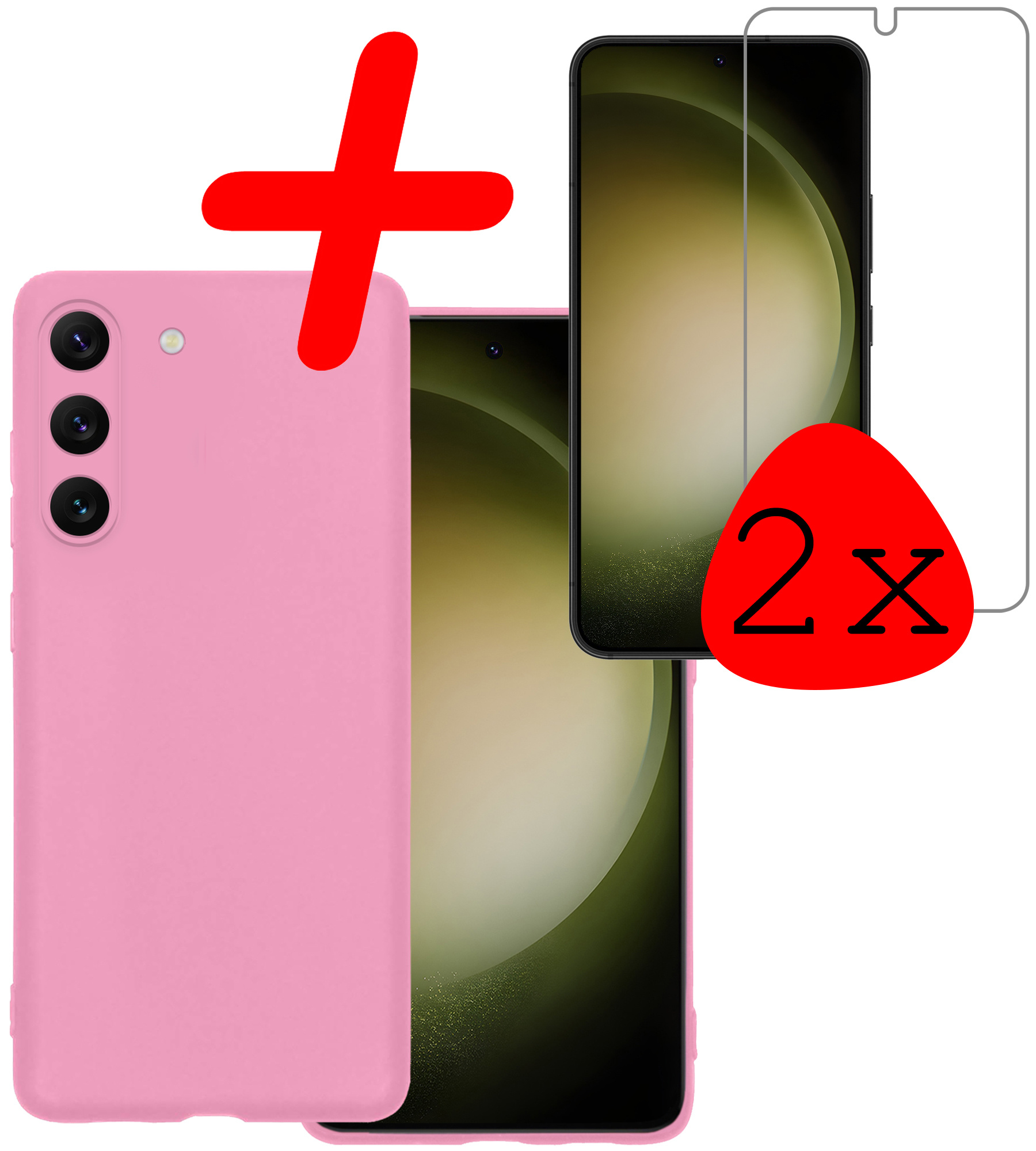 BASEY. Hoes Geschikt voor Samsung S23 Hoesje Siliconen Back Cover Case Met 2x Screenprotector - Hoesje Geschikt voor Samsung Galaxy S23 Hoes Cover Hoesje - Lichtroze