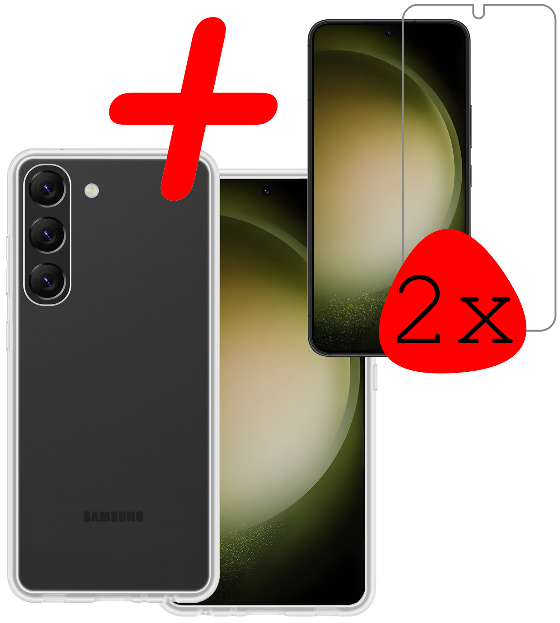 BASEY. Hoes Geschikt voor Samsung S23 Hoesje Siliconen Back Cover Case Met 2x Screenprotector - Hoesje Geschikt voor Samsung Galaxy S23 Hoes Cover Hoesje - Transparant