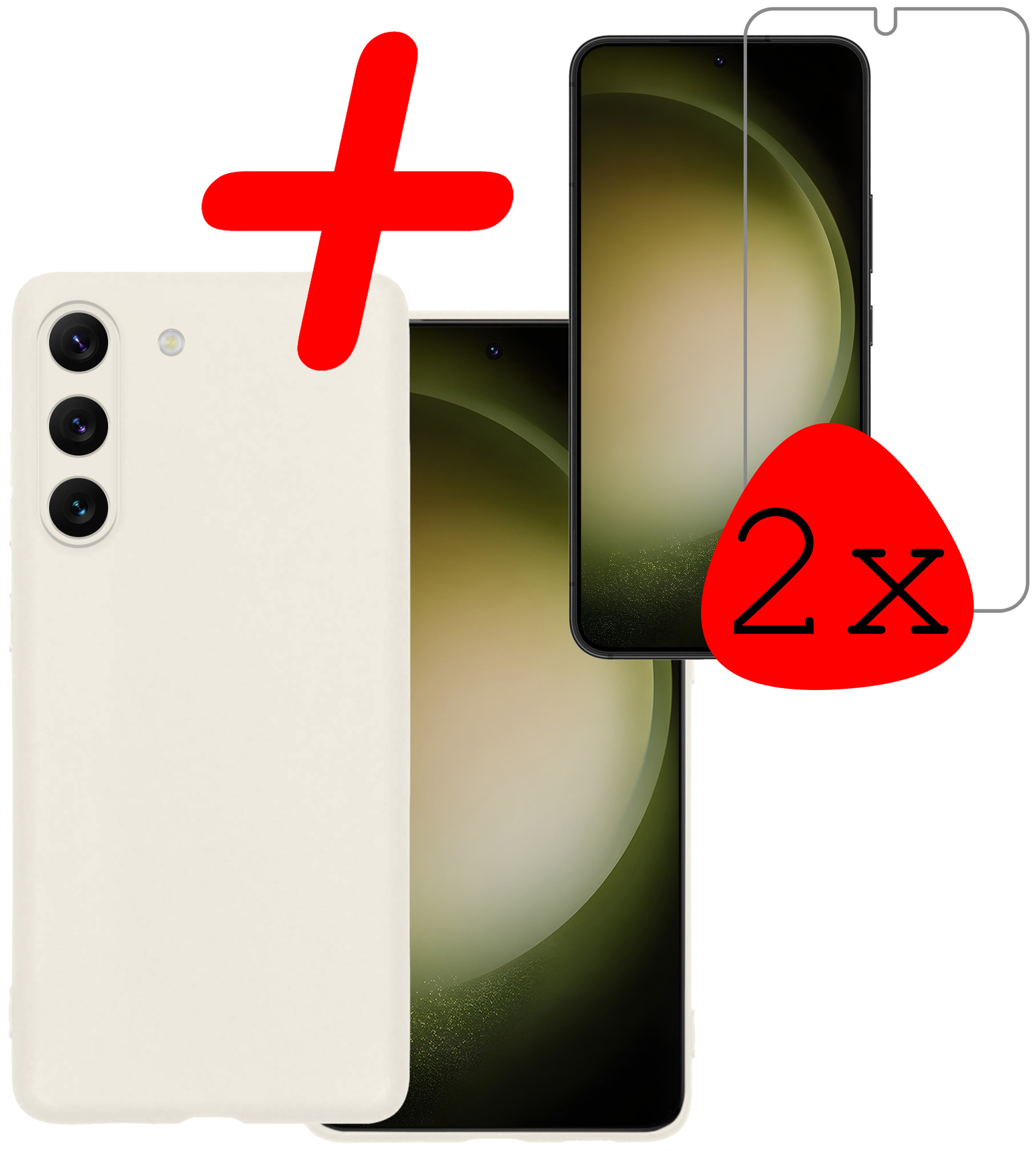 BASEY. Hoes Geschikt voor Samsung S23 Hoesje Siliconen Back Cover Case Met 2x Screenprotector - Hoesje Geschikt voor Samsung Galaxy S23 Hoes Cover Hoesje - Wit