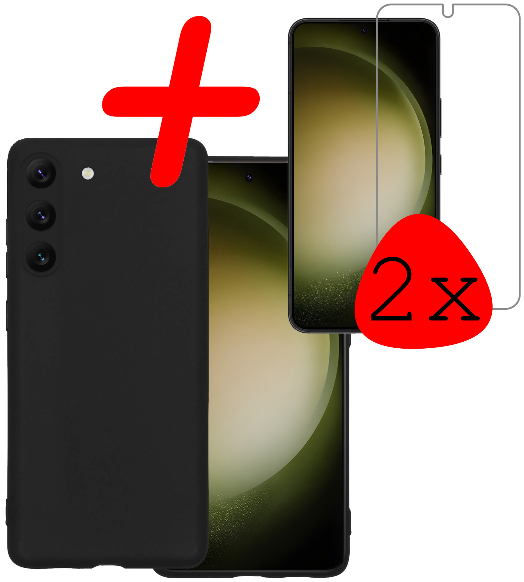 BASEY. Hoes Geschikt voor Samsung S23 Hoesje Siliconen Back Cover Case Met 2x Screenprotector - Hoesje Geschikt voor Samsung Galaxy S23 Hoes Cover Hoesje - Zwart