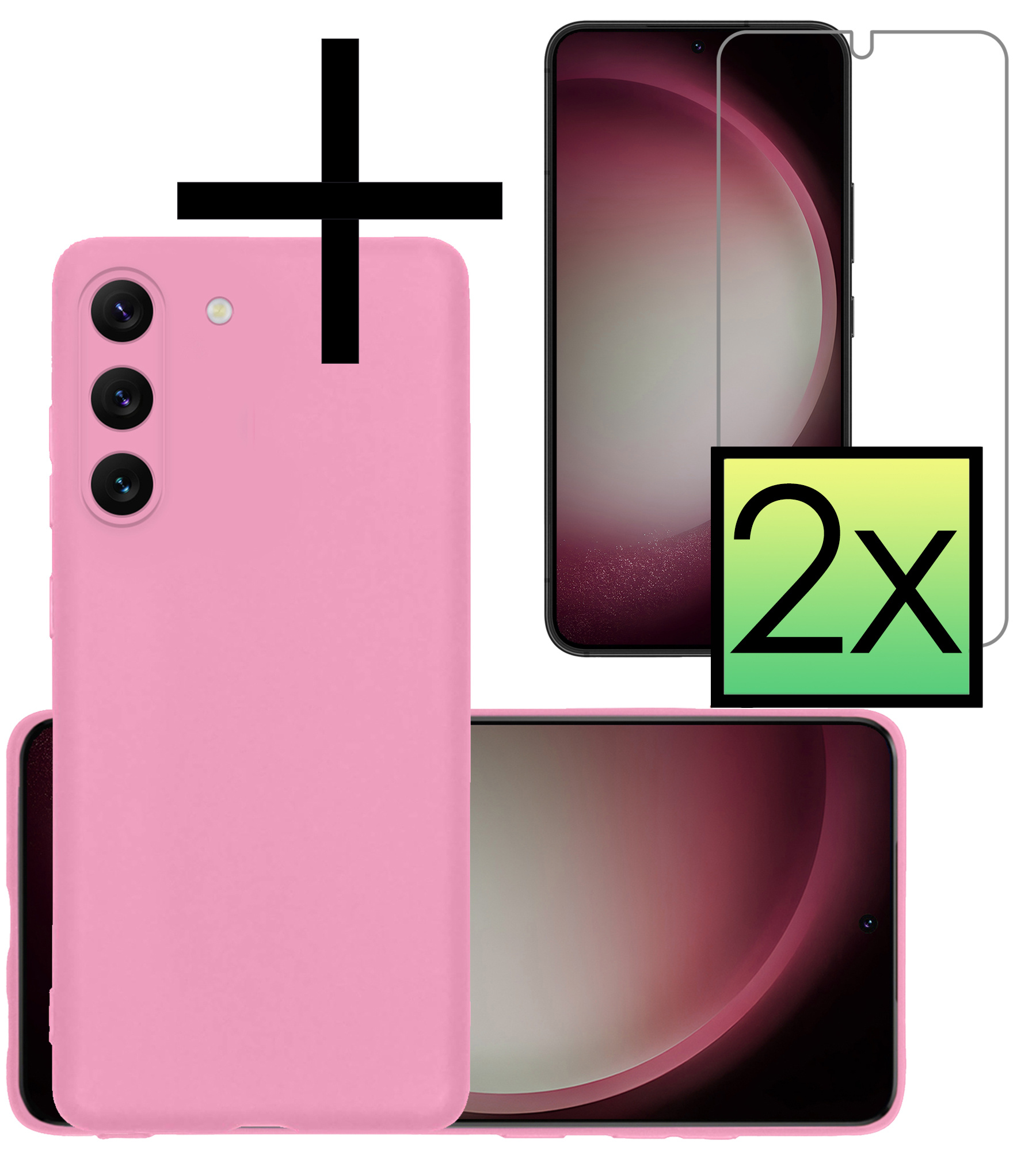 NoXx Hoes Geschikt voor Samsung S23 Hoesje Cover Siliconen Back Case Hoes Met 2x Screenprotector - Lichtroze