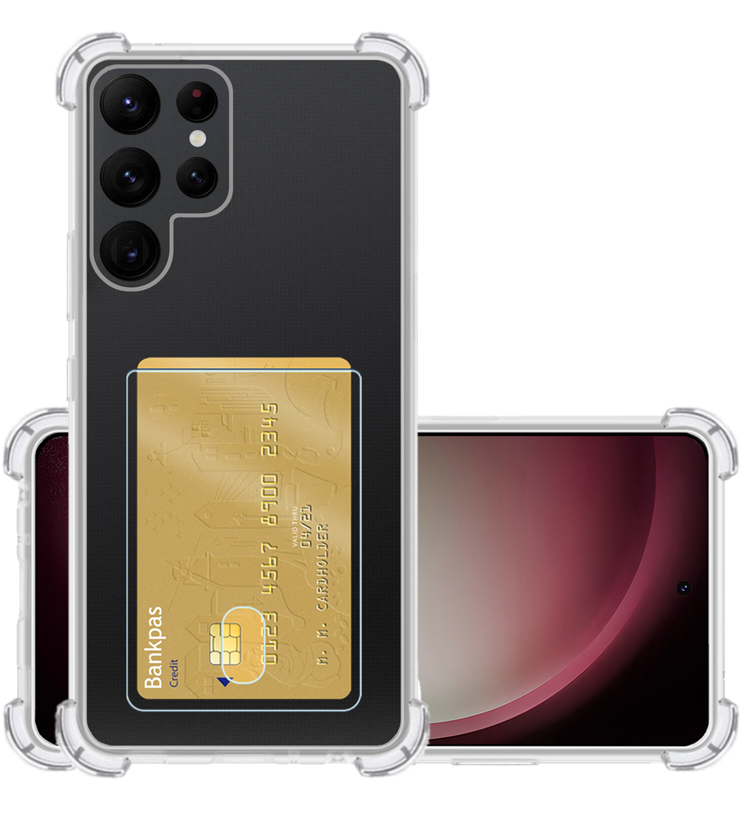NoXx Hoes Geschikt voor Samsung S23 Ultra Hoesje Pasjeshouder Cover Shock Proof Case Siliconen Hoes Met Kaarthouder - Transparant