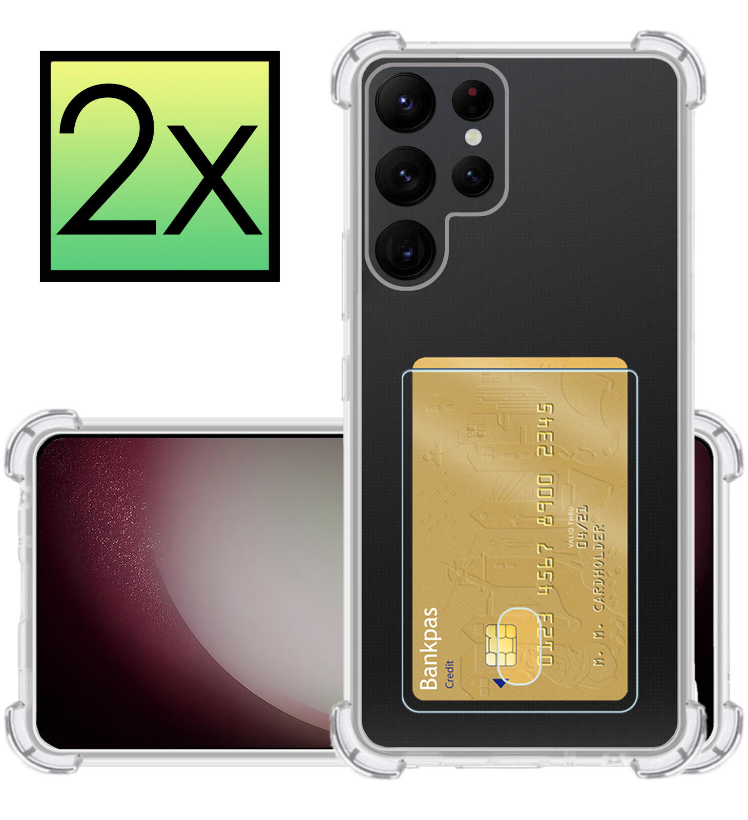 NoXx Hoes Geschikt voor Samsung S23 Ultra Hoesje Pasjeshouder Cover Shock Proof Case Siliconen Hoes Met Kaarthouder - Transparant - 2x